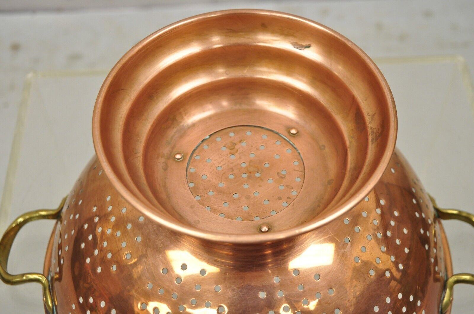Large Vintage Copper Colander Strainer Pot Primitive with Brass Handles 6