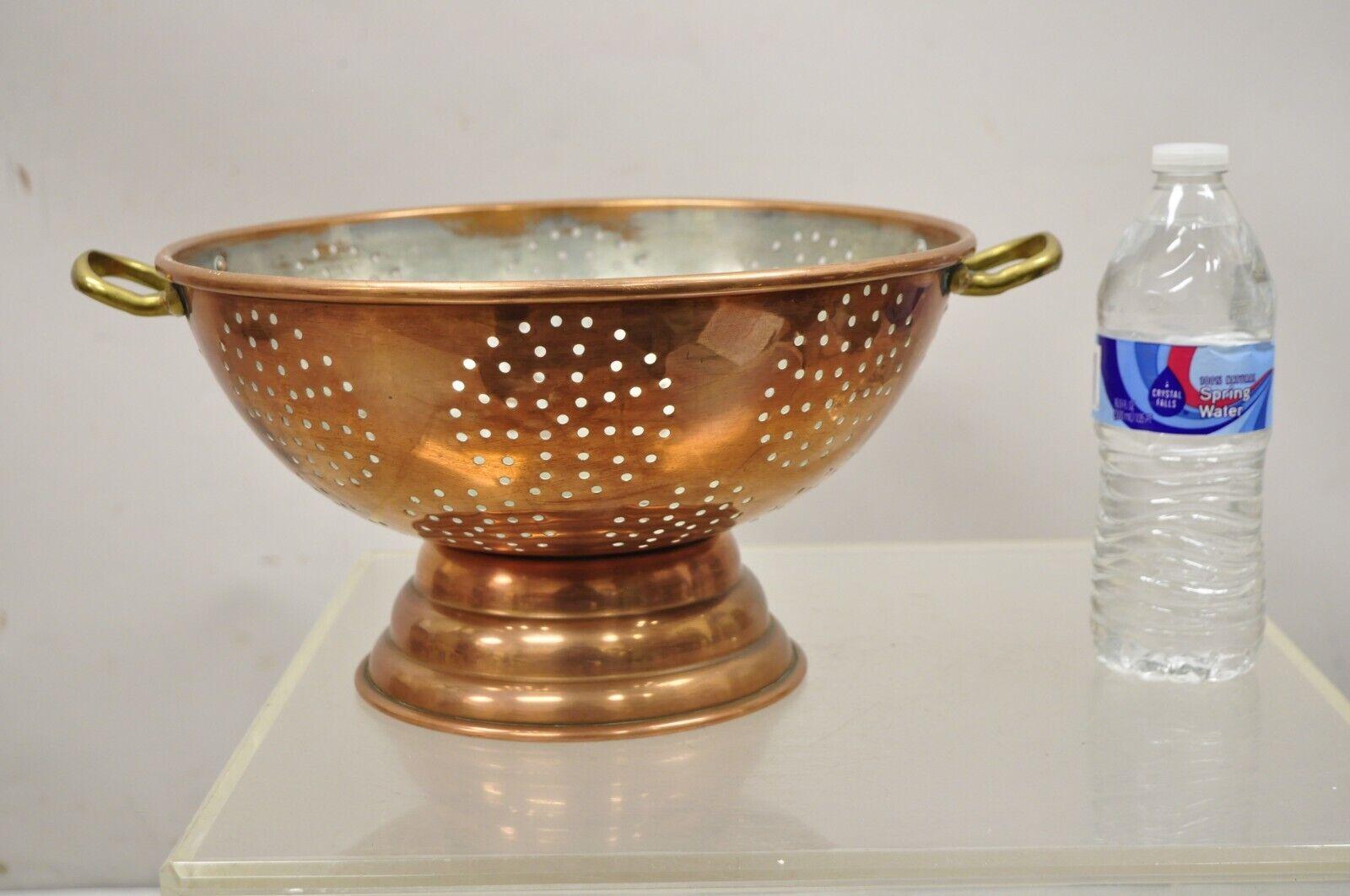 Large Vintage Copper Colander Strainer Pot Primitive with Brass Handles. Circa Early to Mid 1900s. Measurements: 7