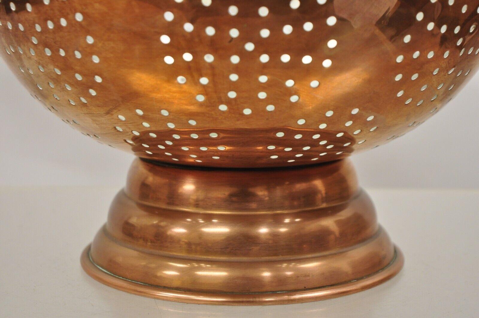 Early 20th Century Large Vintage Copper Colander Strainer Pot Primitive with Brass Handles