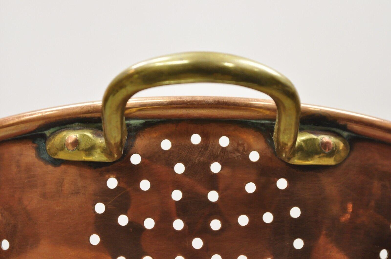 Large Vintage Copper Colander Strainer Pot Primitive with Brass Handles 1