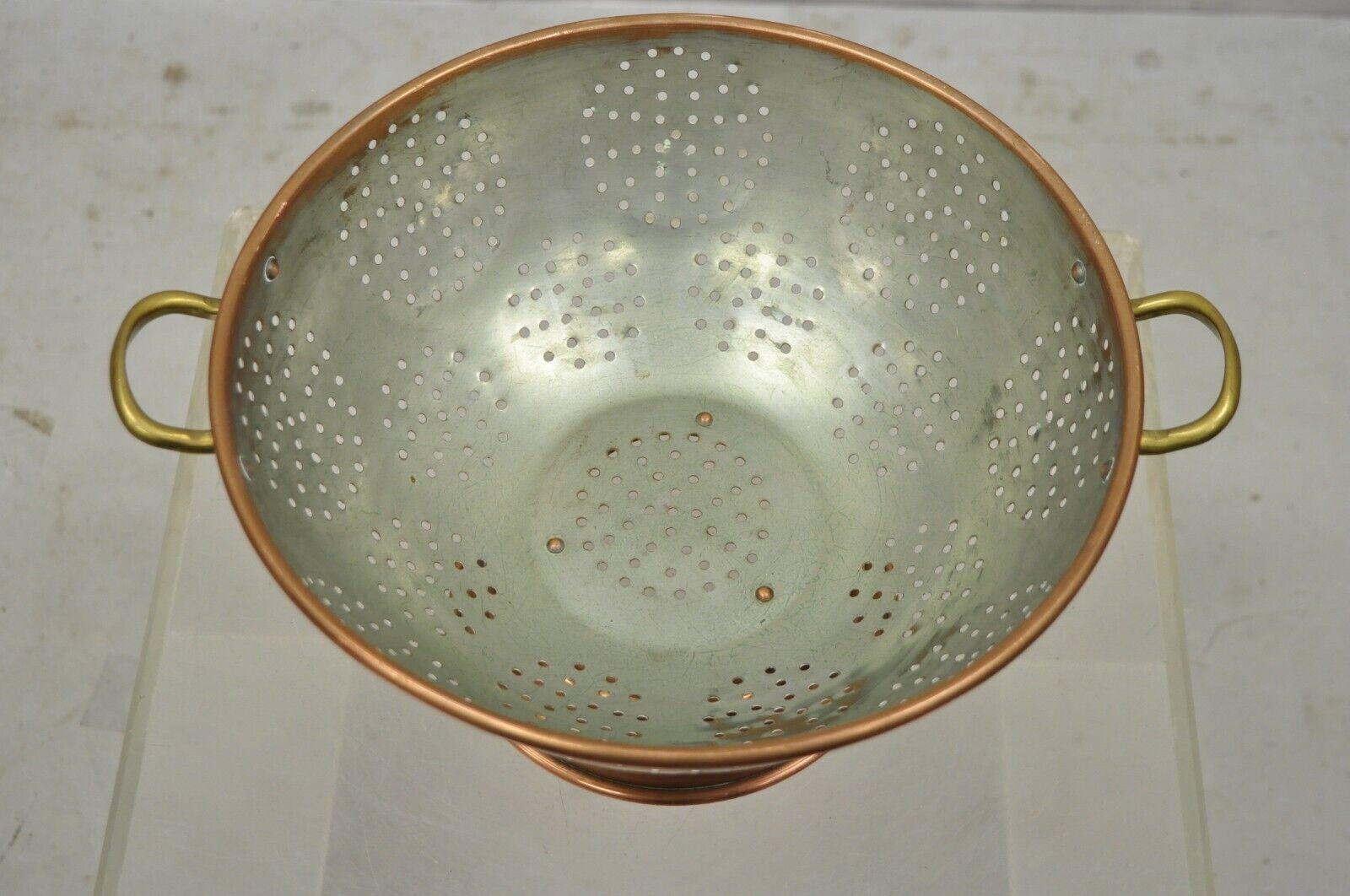 Large Vintage Copper Colander Strainer Pot Primitive with Brass Handles 2