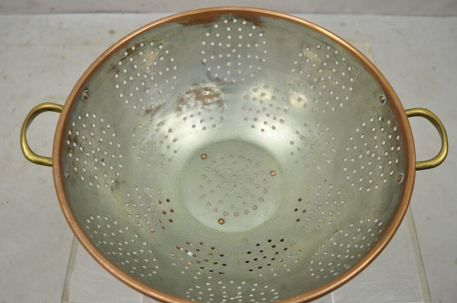 Large Vintage Copper Colander Strainer Pot Primitive with Brass Handles 3