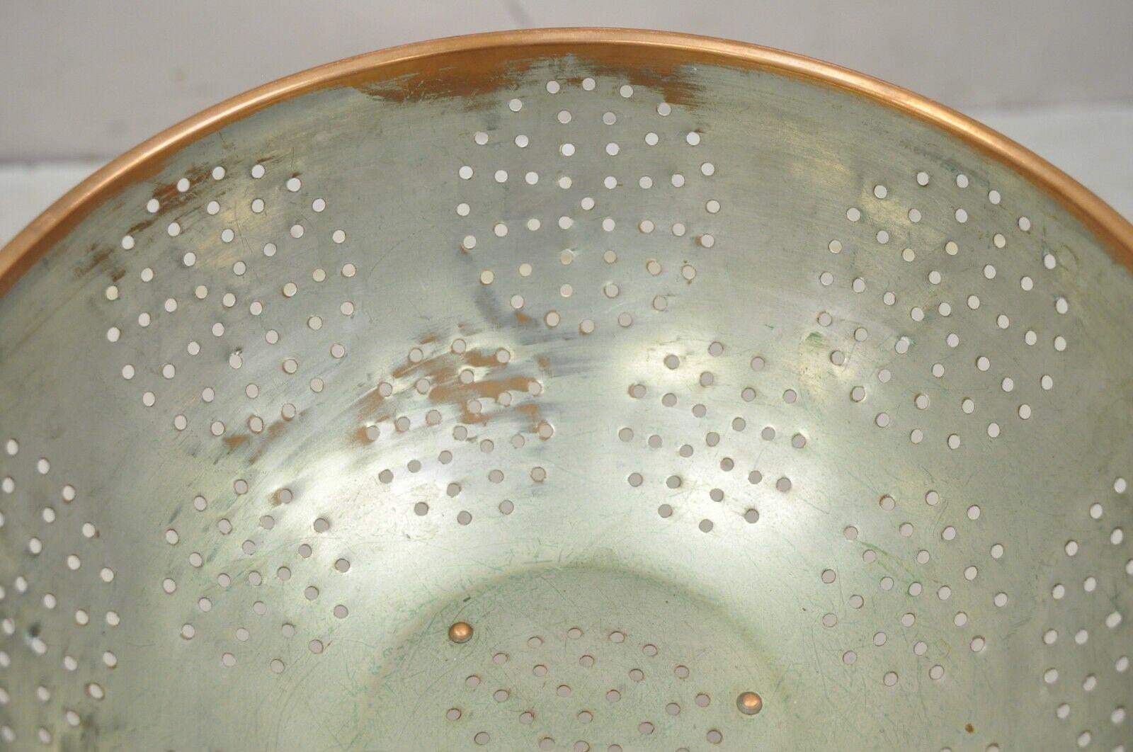 Large Vintage Copper Colander Strainer Pot Primitive with Brass Handles 4