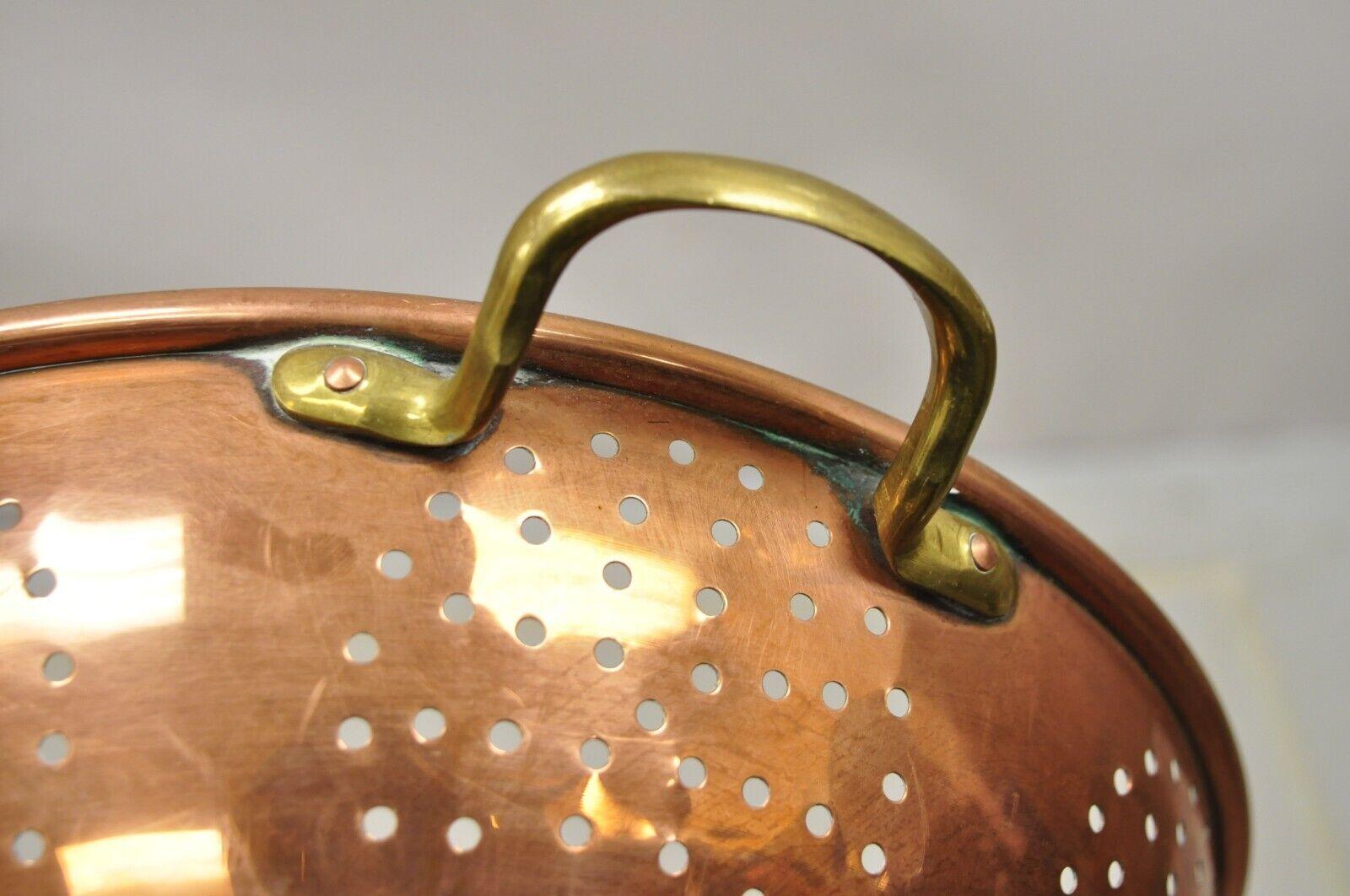 Large Vintage Copper Colander Strainer Pot Primitive with Brass Handles 5
