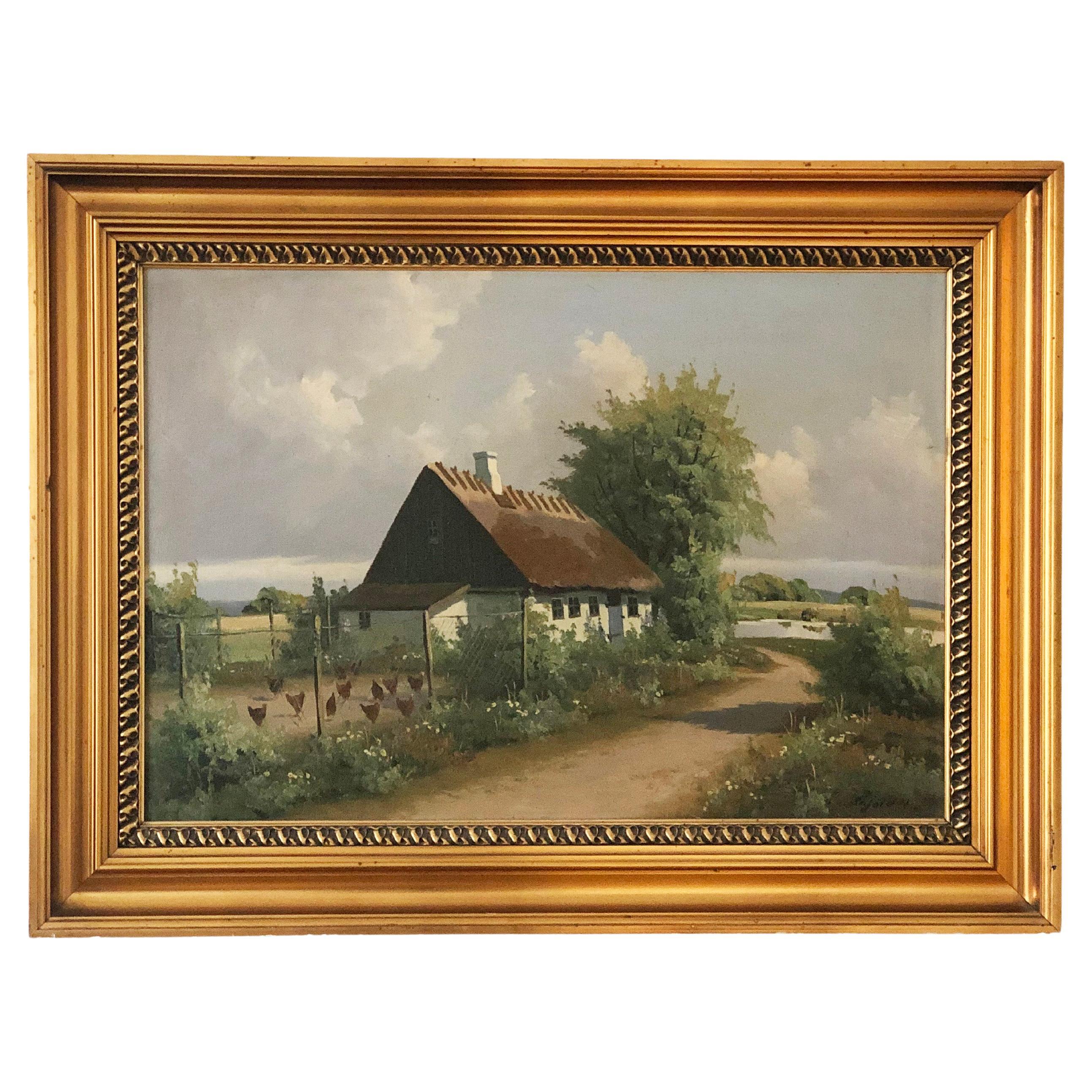 Grande peinture à l
huile originale d
un cottage de campagne d
époque