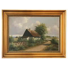Grande peinture à l
huile originale d
un cottage de campagne d
époque