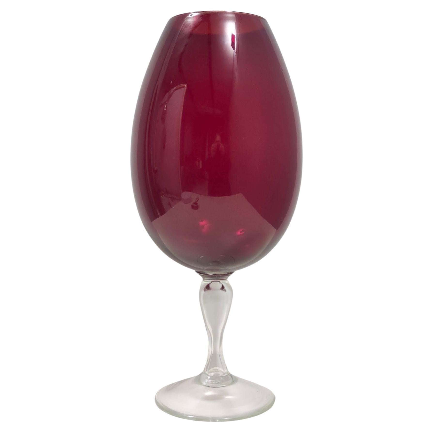 Large Vintage Crimson Hand-Blown Glass Vase, Empoli, Italy For Sale