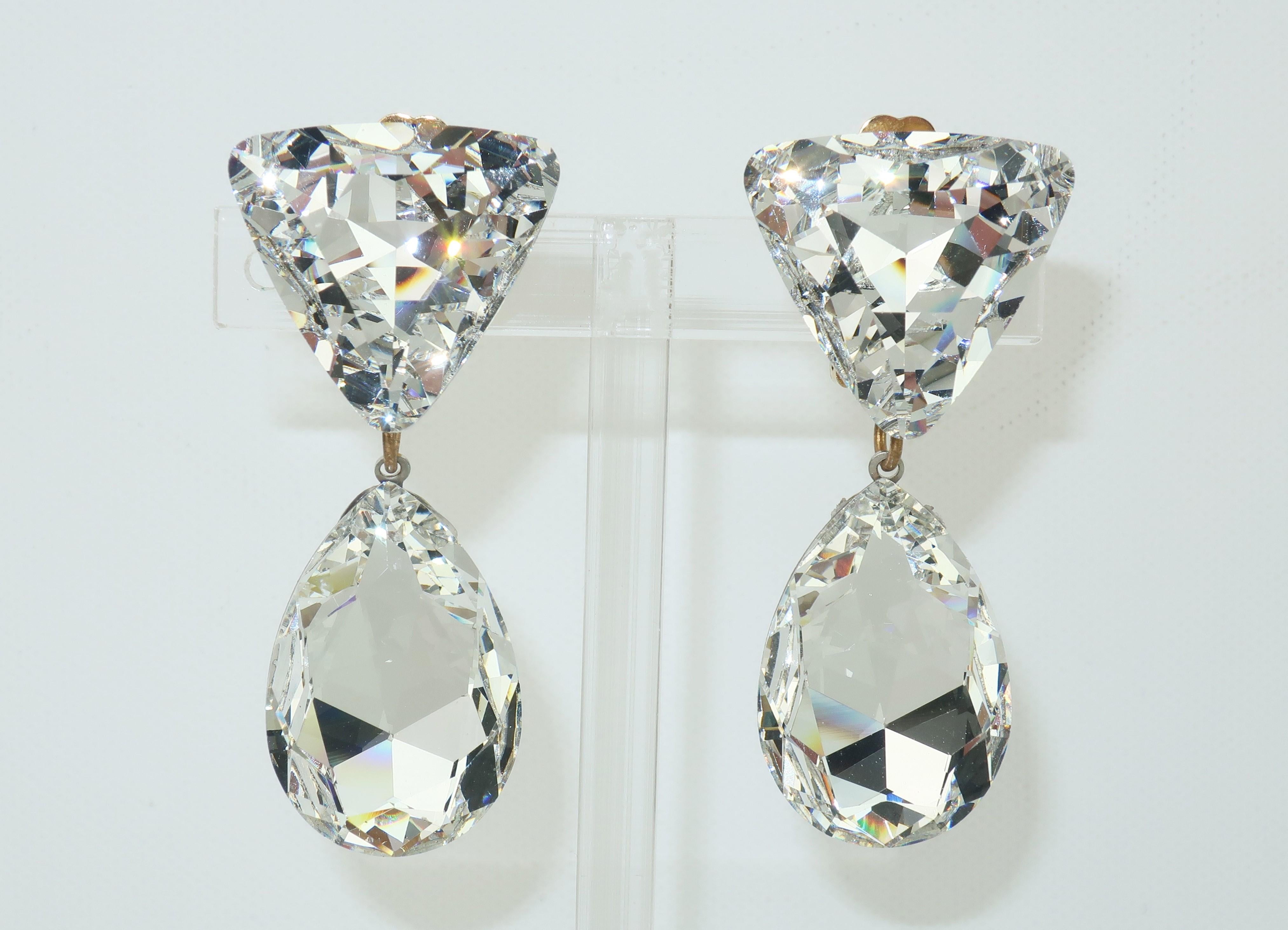 Large Vintage Crystal Drop Clip On Earrings 1