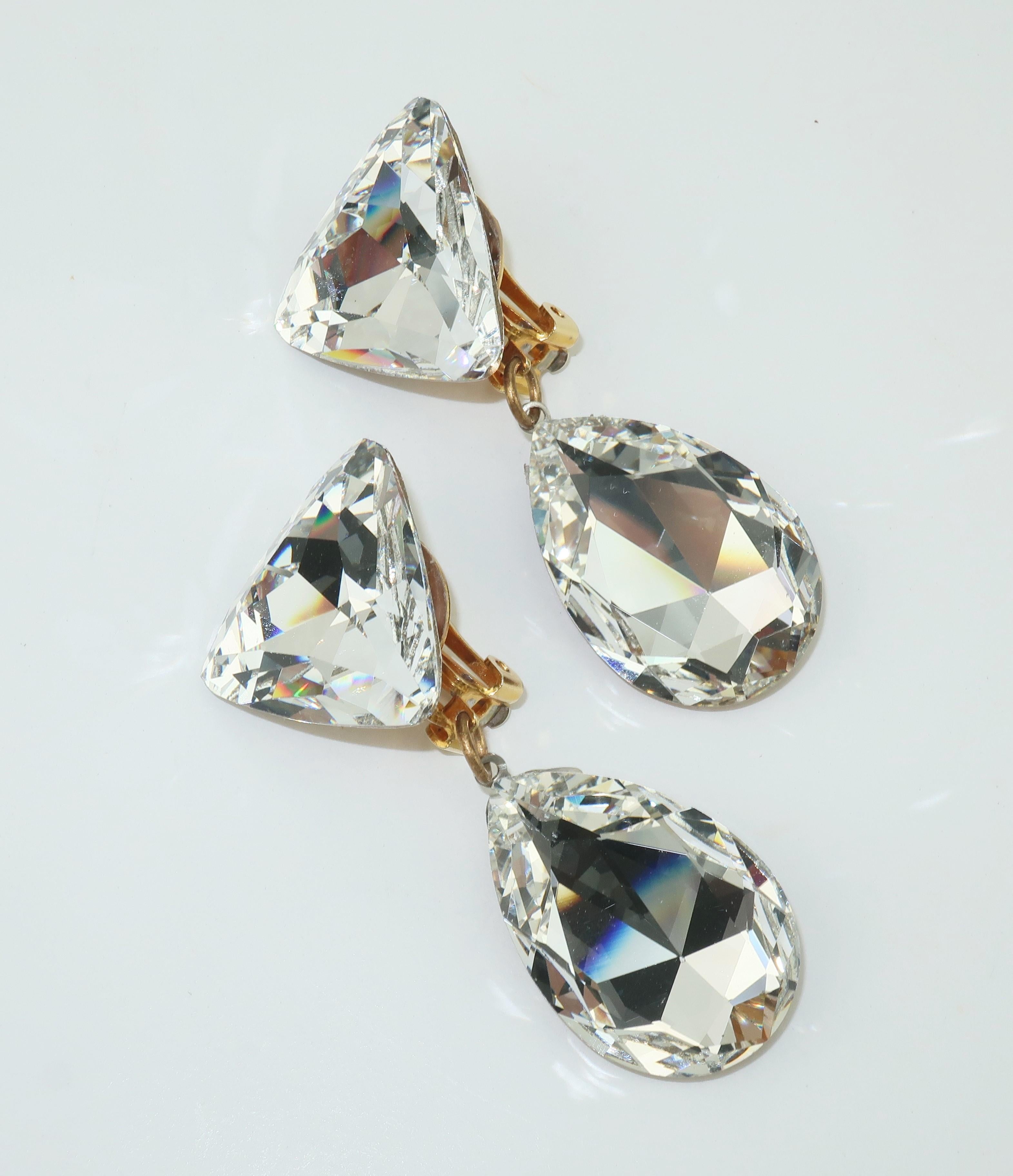 Modern Large Vintage Crystal Drop Clip On Earrings