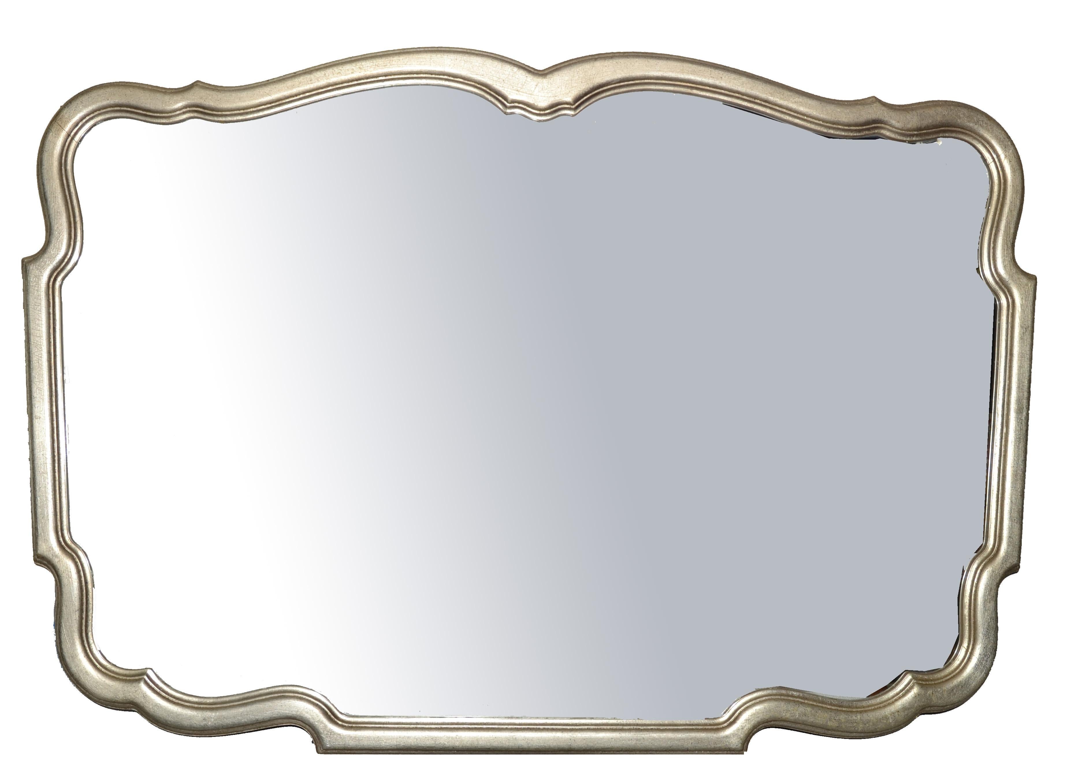 Large Wood Curved French Provincial Silver Gold Finish Wall Mirror by Karges. USA 1970s.