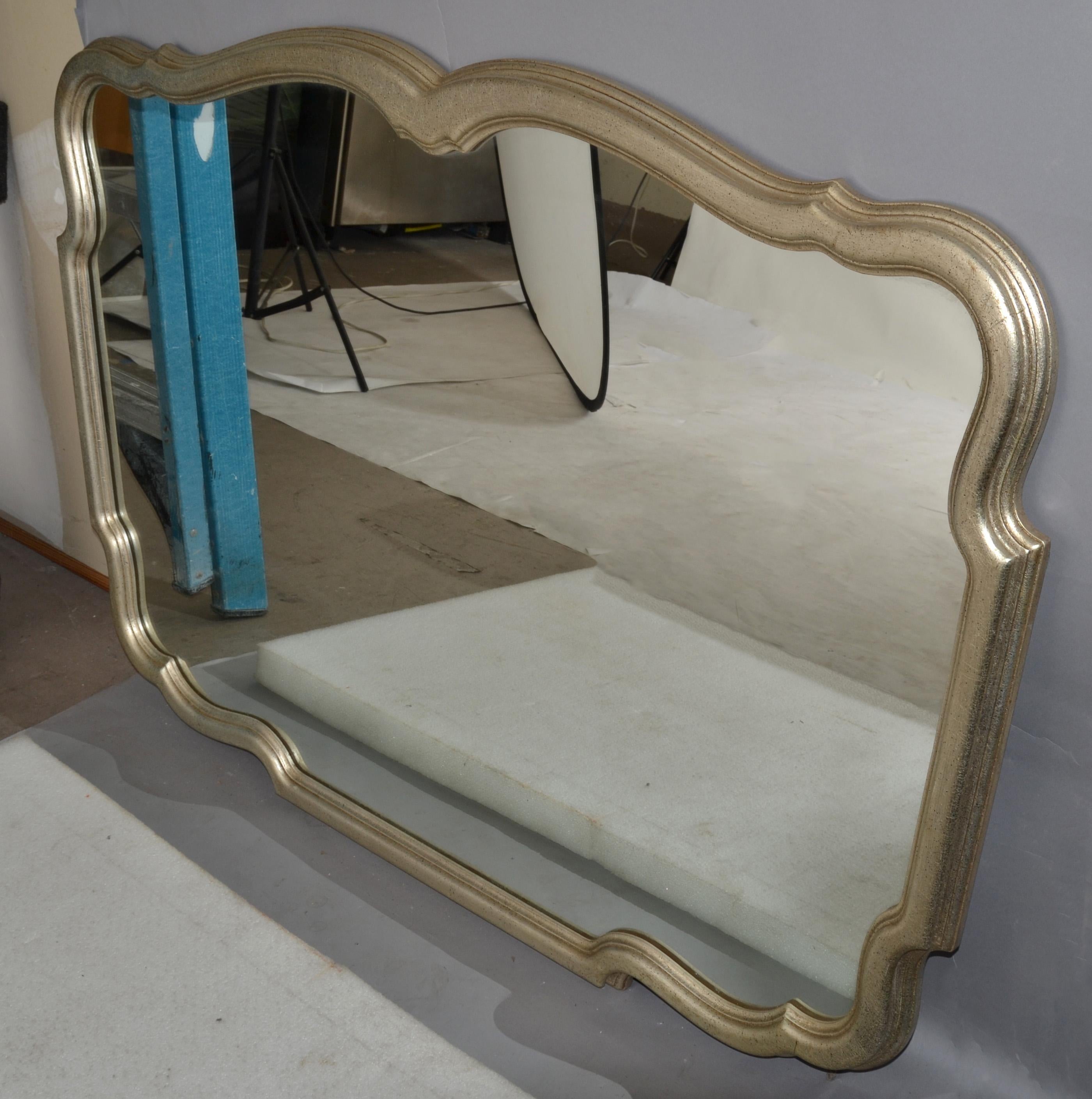 Late 20th Century Large Vintage Curved French Provincial Silver Gold Finish Wall Mirror by Karges For Sale