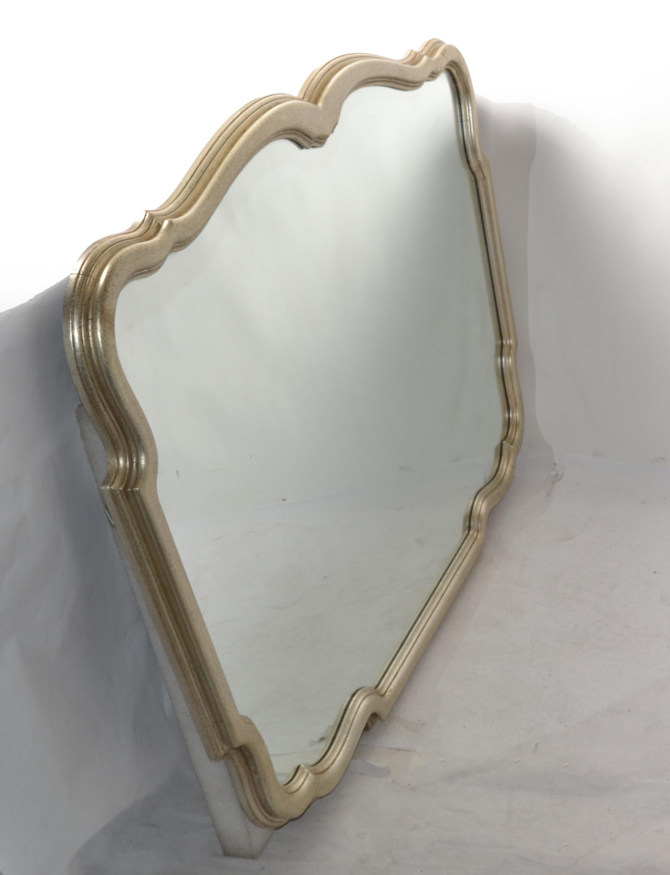 Wood Large Vintage Curved French Provincial Silver Gold Finish Wall Mirror by Karges For Sale