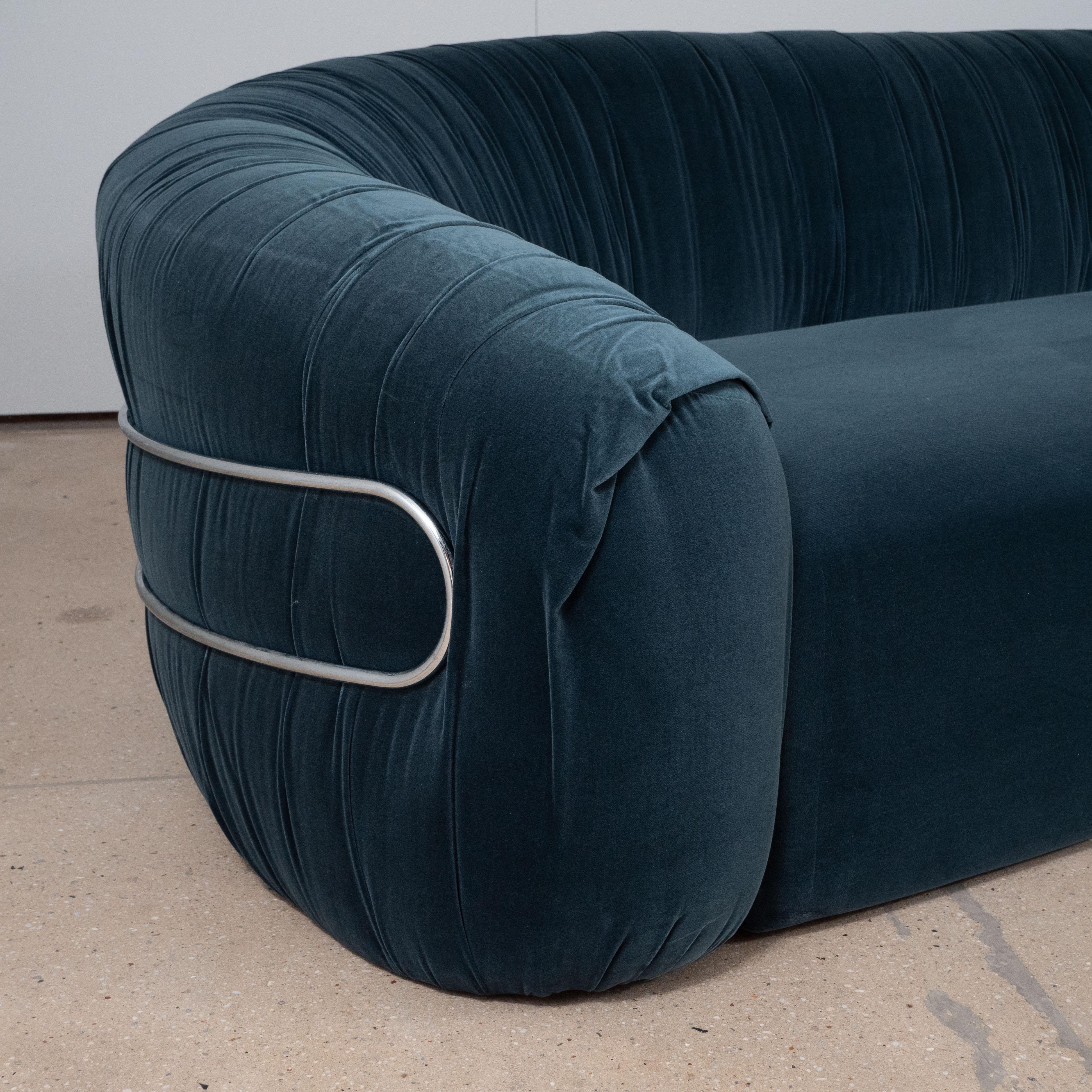 Mid-Century Modern Sofa with Chrome Back Frame and Deep Blue Grey Velvet Upholstery, Italy, 1970s