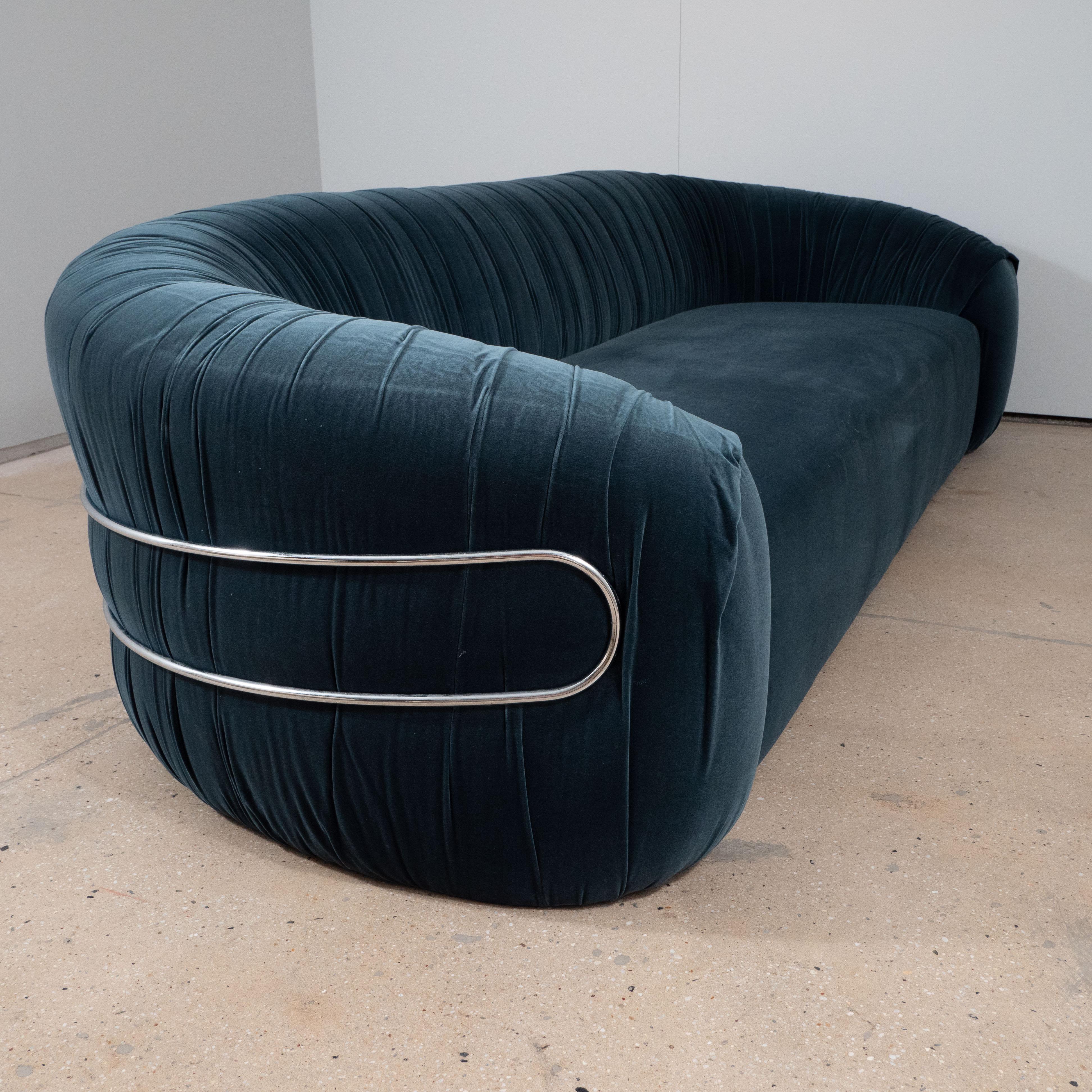 Late 20th Century Sofa with Chrome Back Frame and Deep Blue Grey Velvet Upholstery, Italy, 1970s