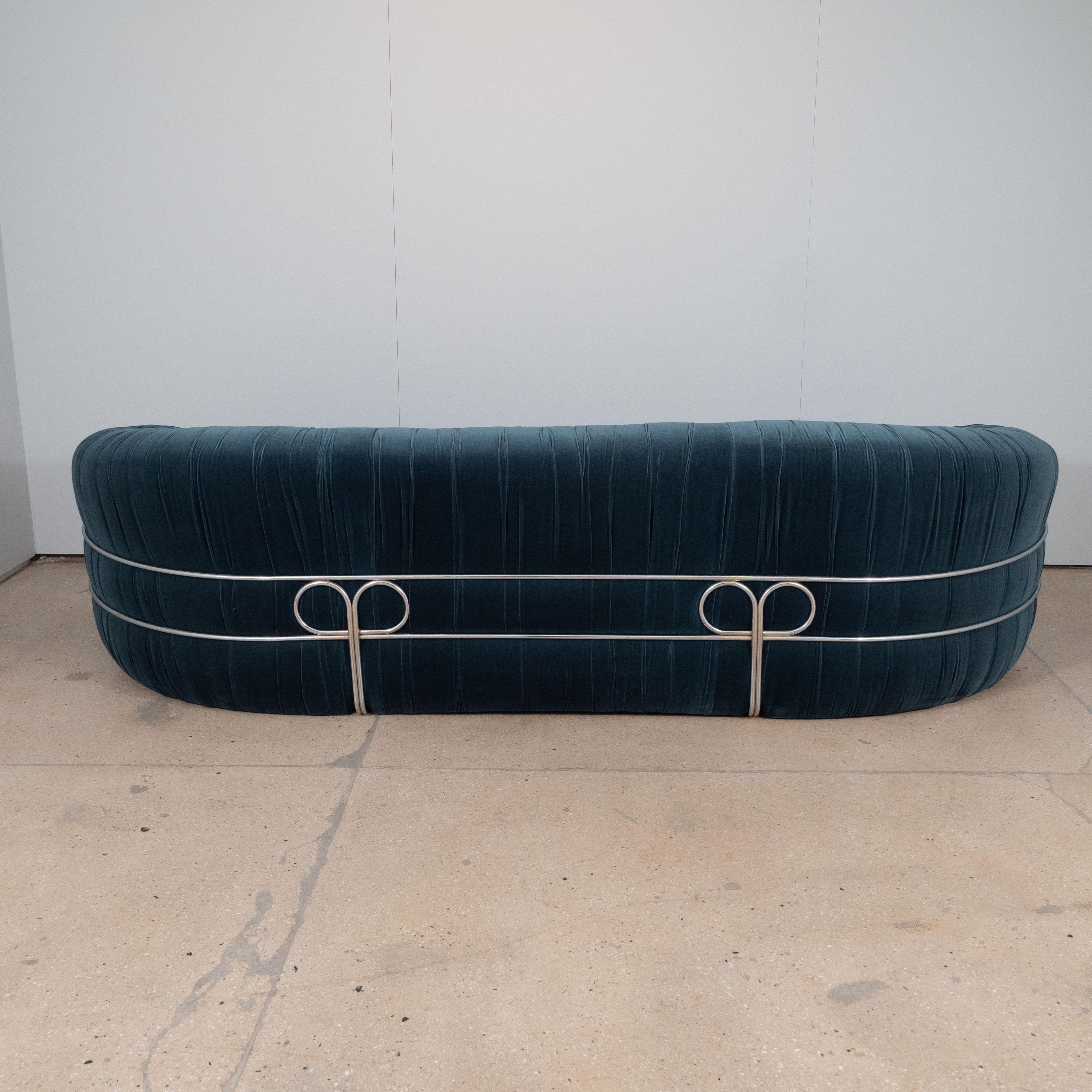 Sofa with Chrome Back Frame and Deep Blue Grey Velvet Upholstery, Italy, 1970s 1