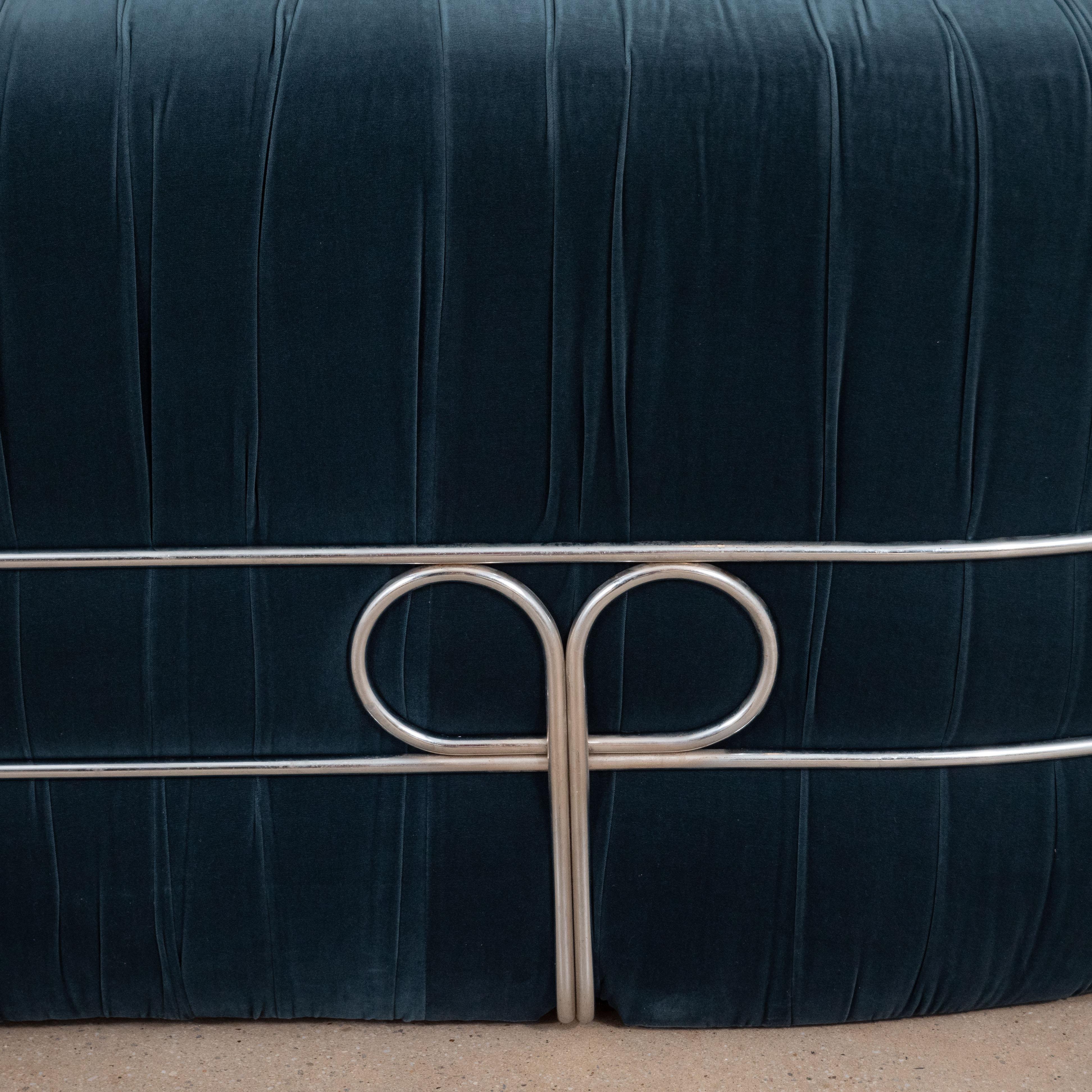 Sofa with Chrome Back Frame and Deep Blue Grey Velvet Upholstery, Italy, 1970s 2