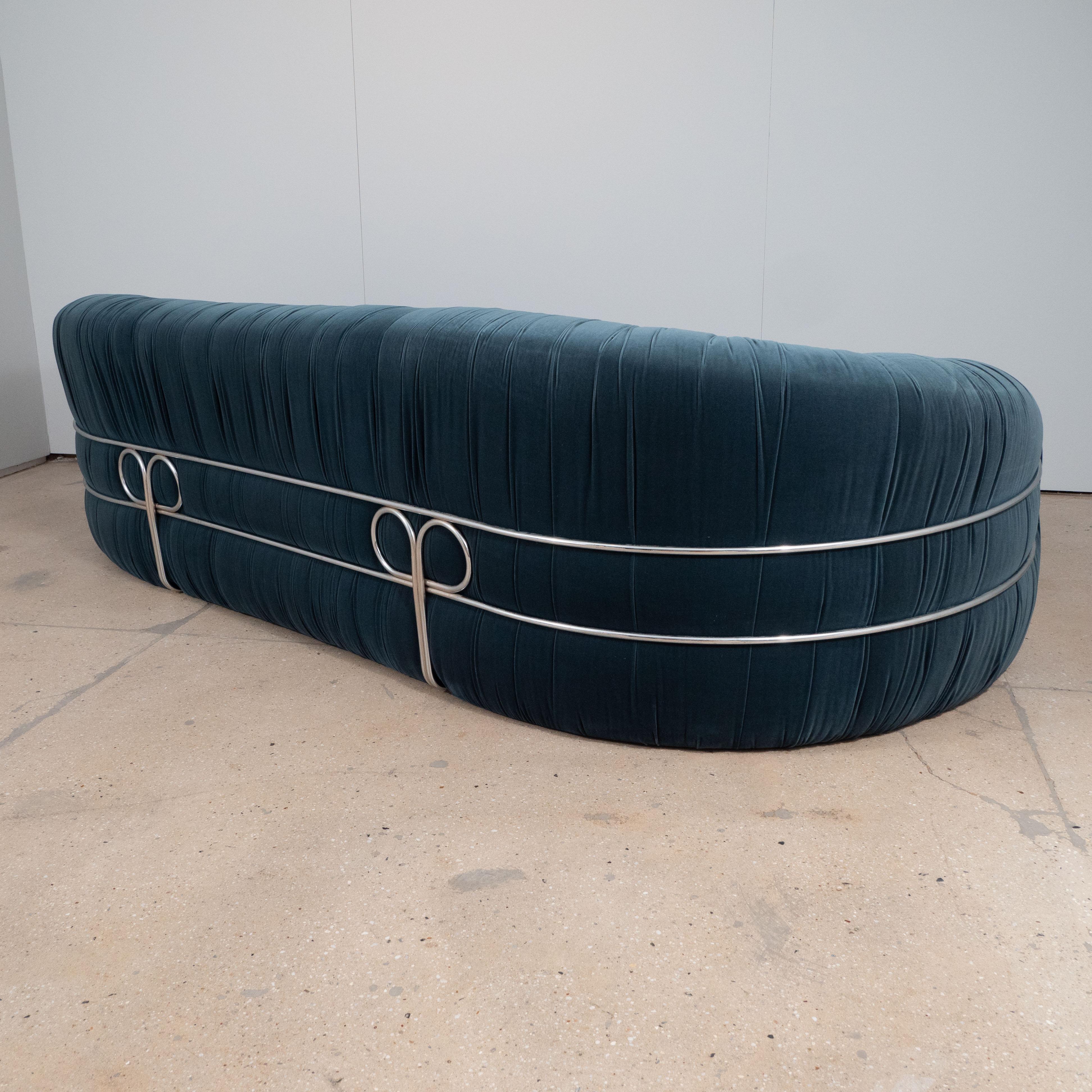 Sofa with Chrome Back Frame and Deep Blue Grey Velvet Upholstery, Italy, 1970s 3