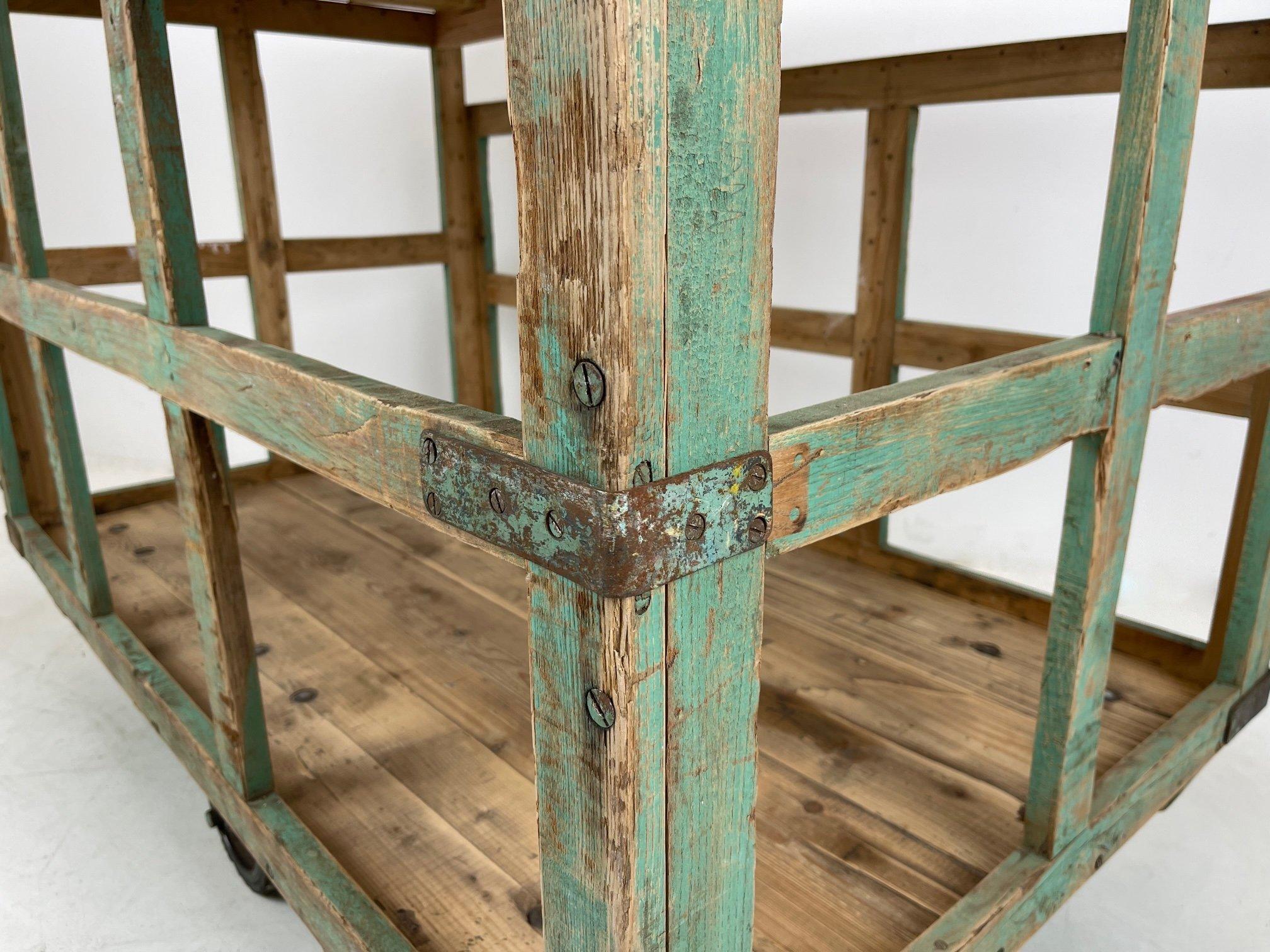 Large Vintage Czech Wooden Cart on Wheels / Kitchen Island For Sale 3