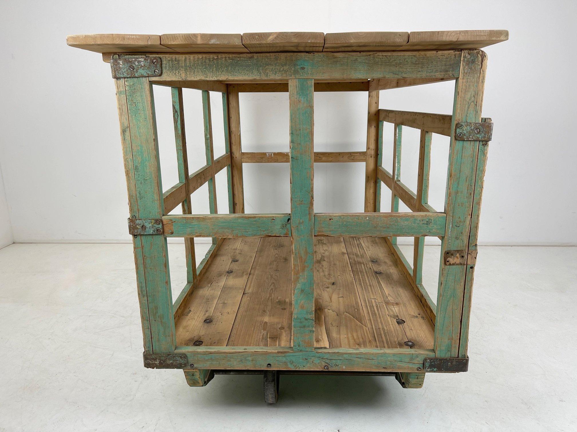 Large Vintage Czech Wooden Cart on Wheels / Kitchen Island For Sale 7