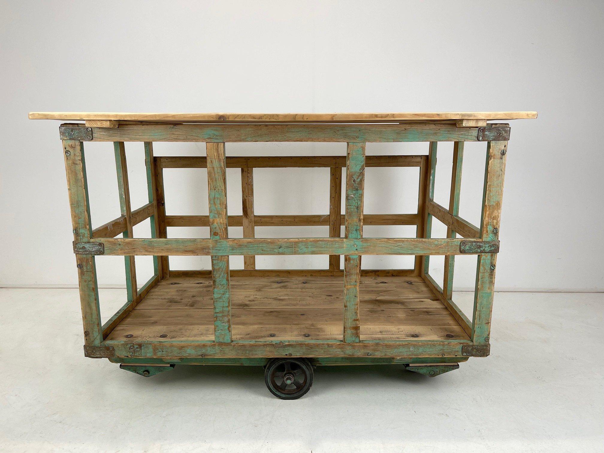 Original vintage industrial large cart on wheels. All parts are thoroughly cleaned, sanded and waxed. The top is removable, allowing the cart to also be the perfect place for storage or display if desired.