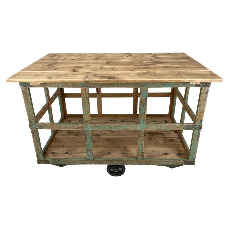 Large Vintage Czech Wooden Cart on Wheels / Kitchen Island For Sale at ...