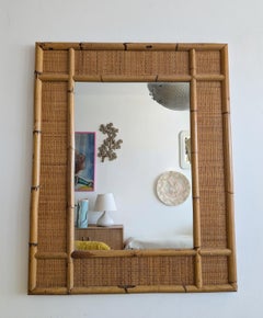 Large vintage Dal Vera cane & rattan wall mirror, Italy 1970s