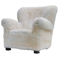 Large Vintage Danish Lambskin Club Chair, 1940s Large Vintage Danish Lambskin Club Chair, 1940s