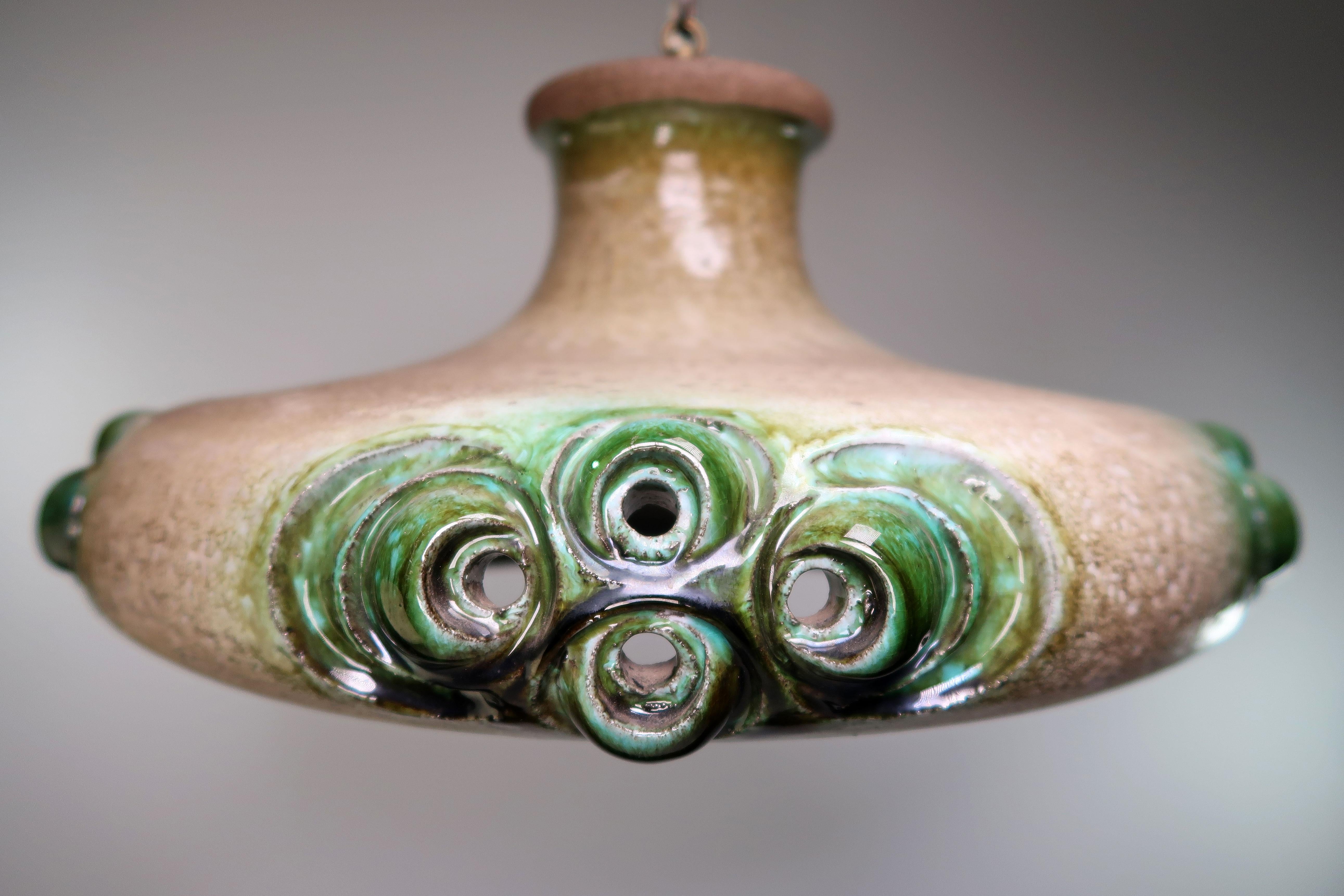 20th Century Large Organic Modern Green, Sand Stoneware Pendant, Demstrup 1980s For Sale