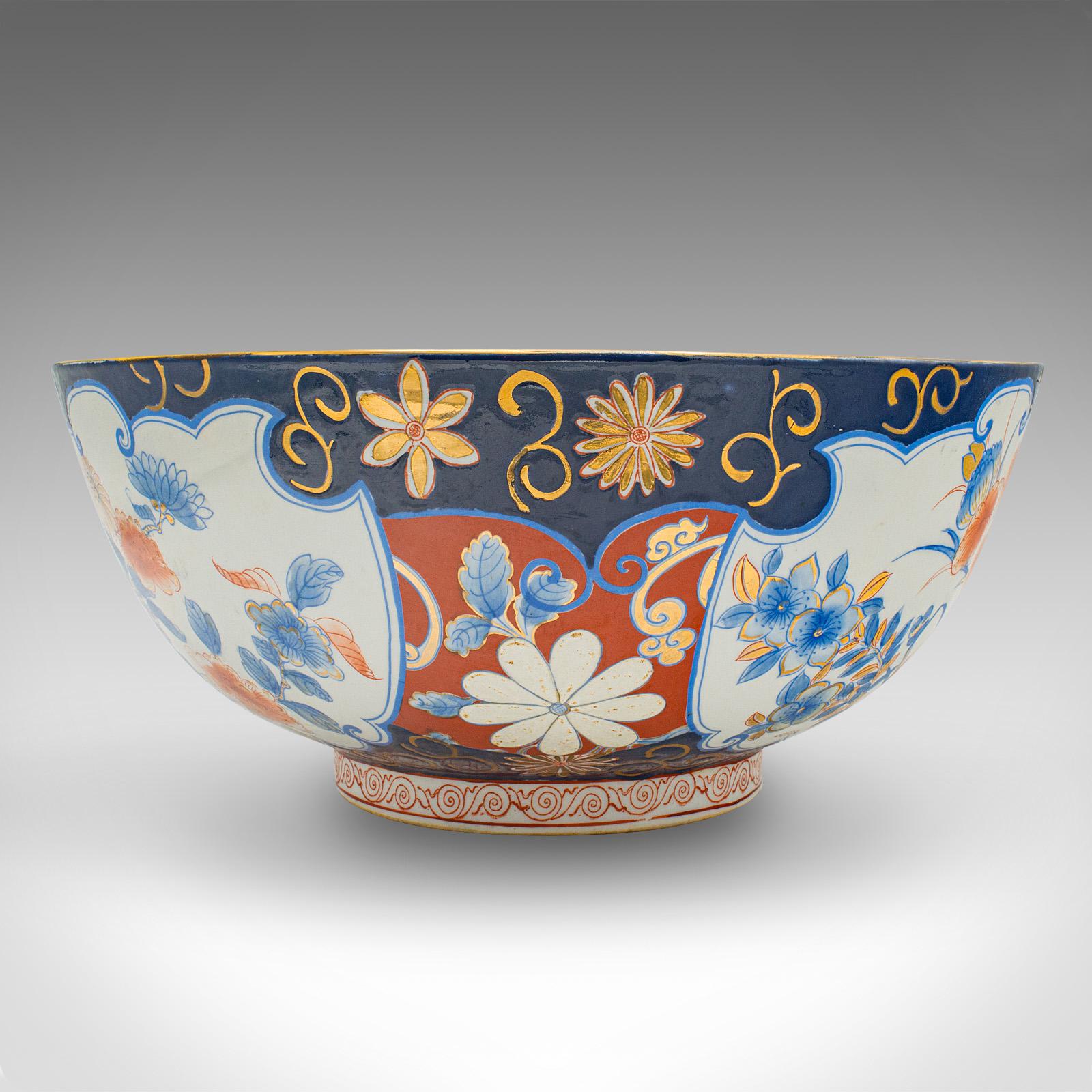 Chinese Export Large Vintage Decorative Bowl, Japanese, Ceramic, Serving Dish, Art Deco, Imari For Sale
