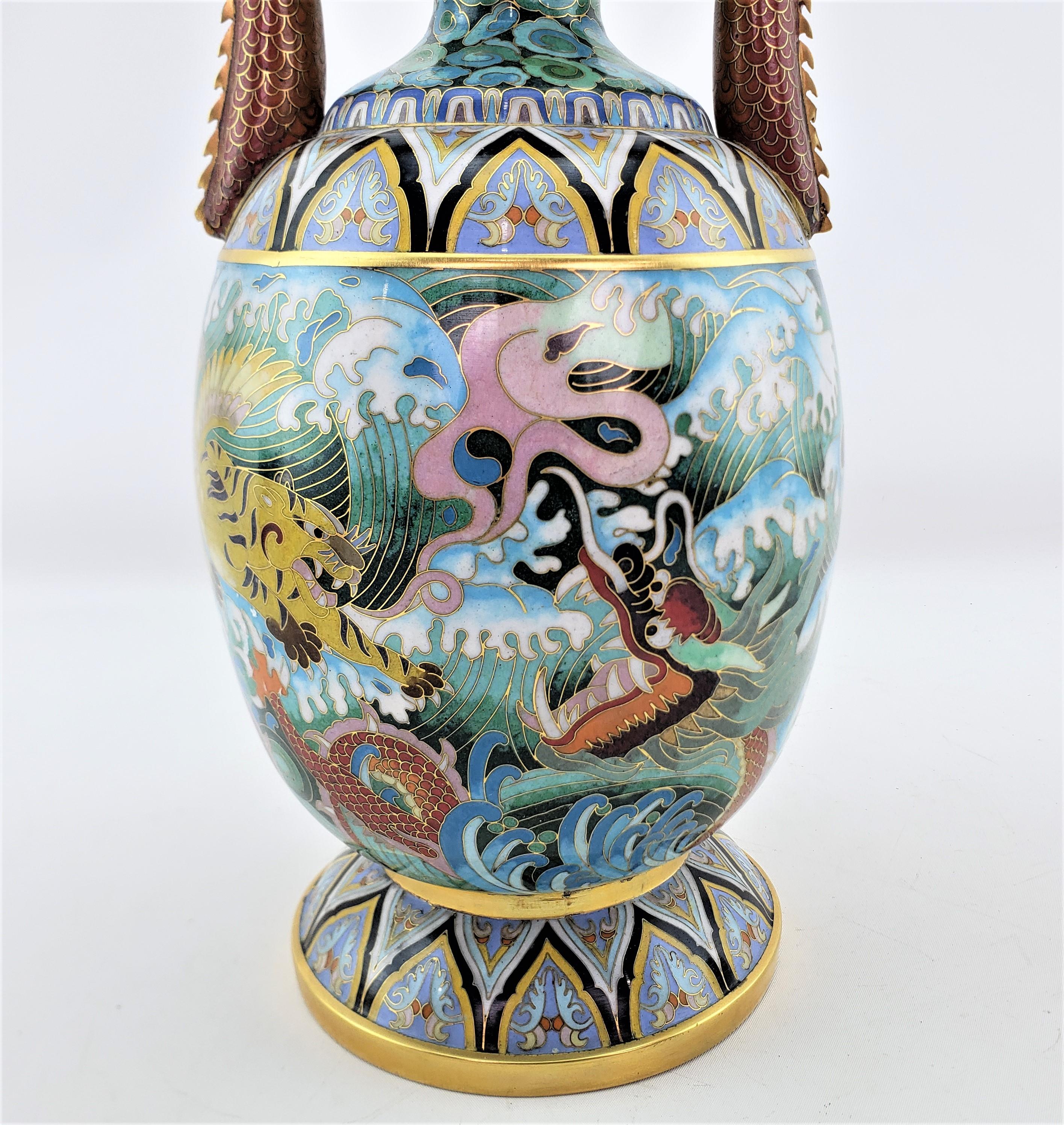 Large Vintage Decorative Chinese Cloissone Vase with Imperial Dragon Handles For Sale 6