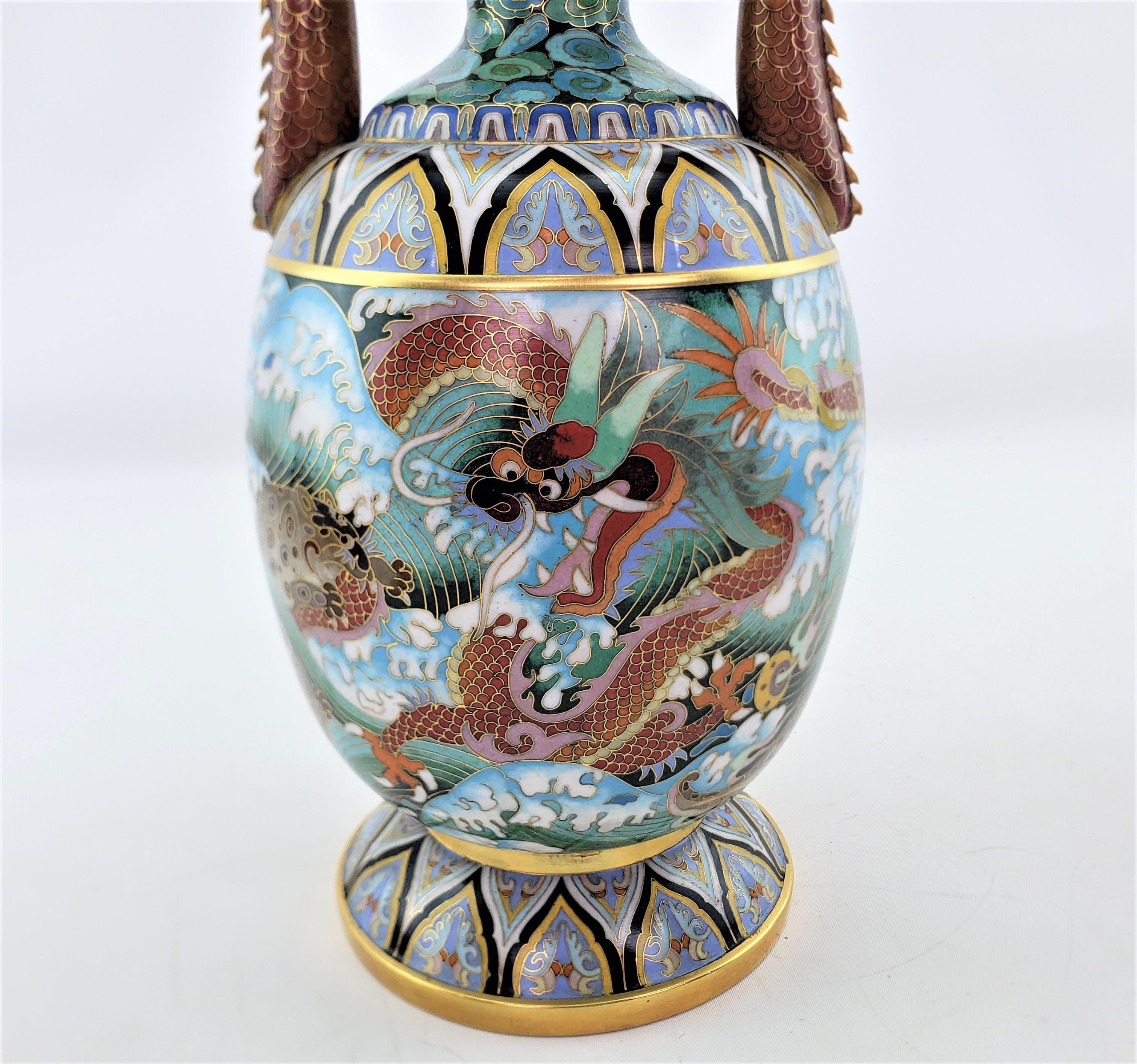 Large Vintage Decorative Chinese Cloissone Vase with Imperial Dragon Handles For Sale 7