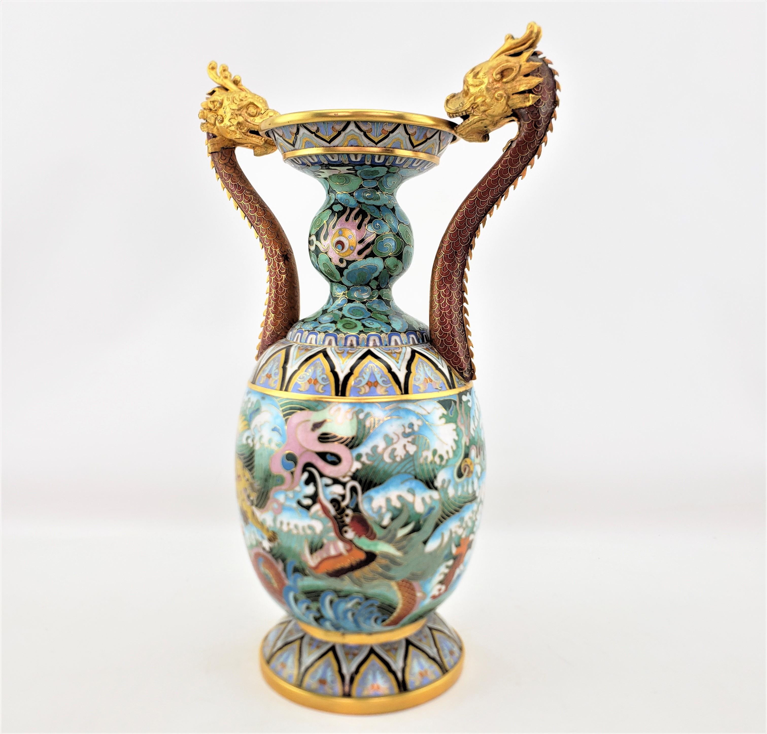 Cloissoné Large Vintage Decorative Chinese Cloissone Vase with Imperial Dragon Handles For Sale