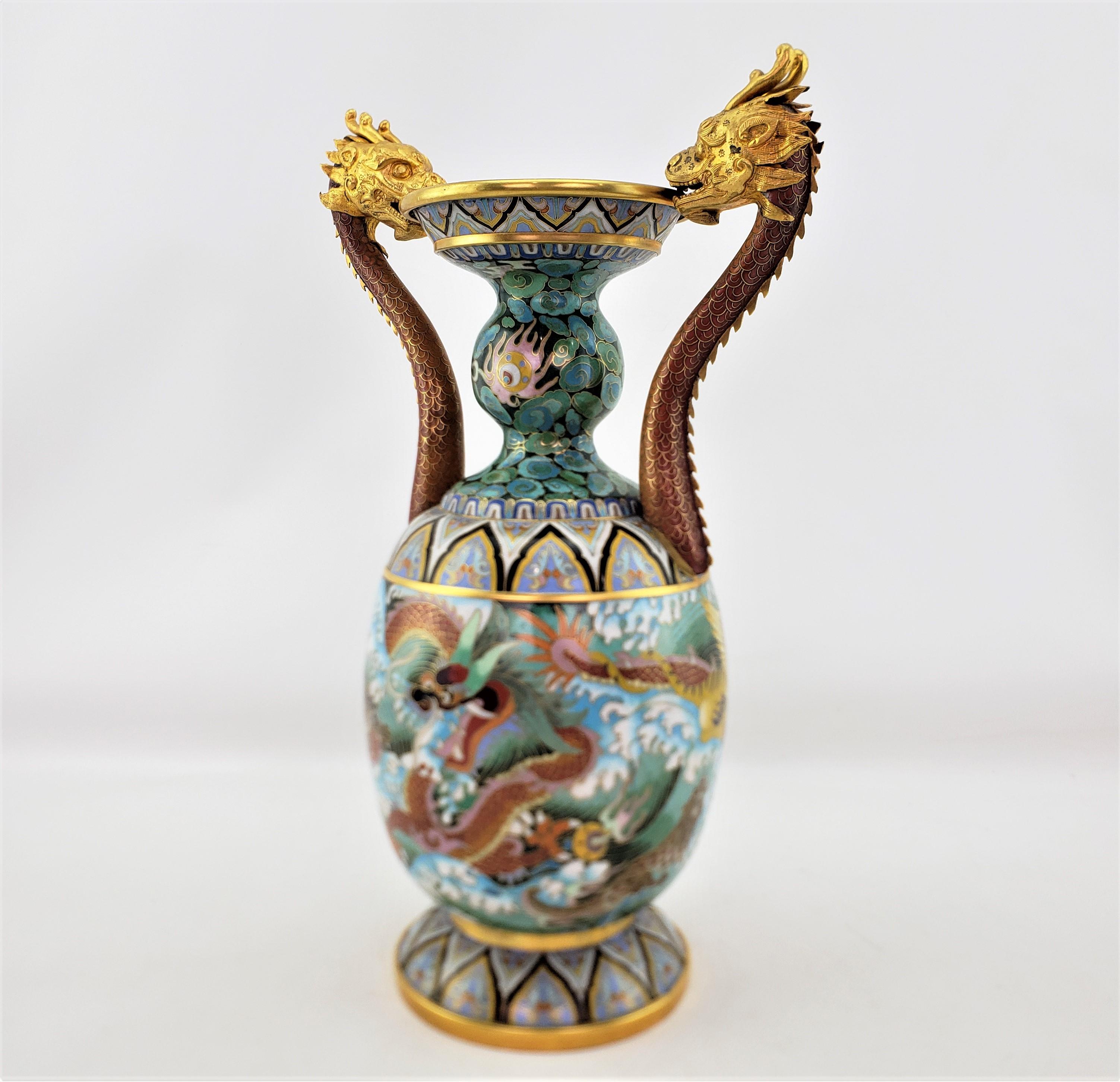 20th Century Large Vintage Decorative Chinese Cloissone Vase with Imperial Dragon Handles For Sale