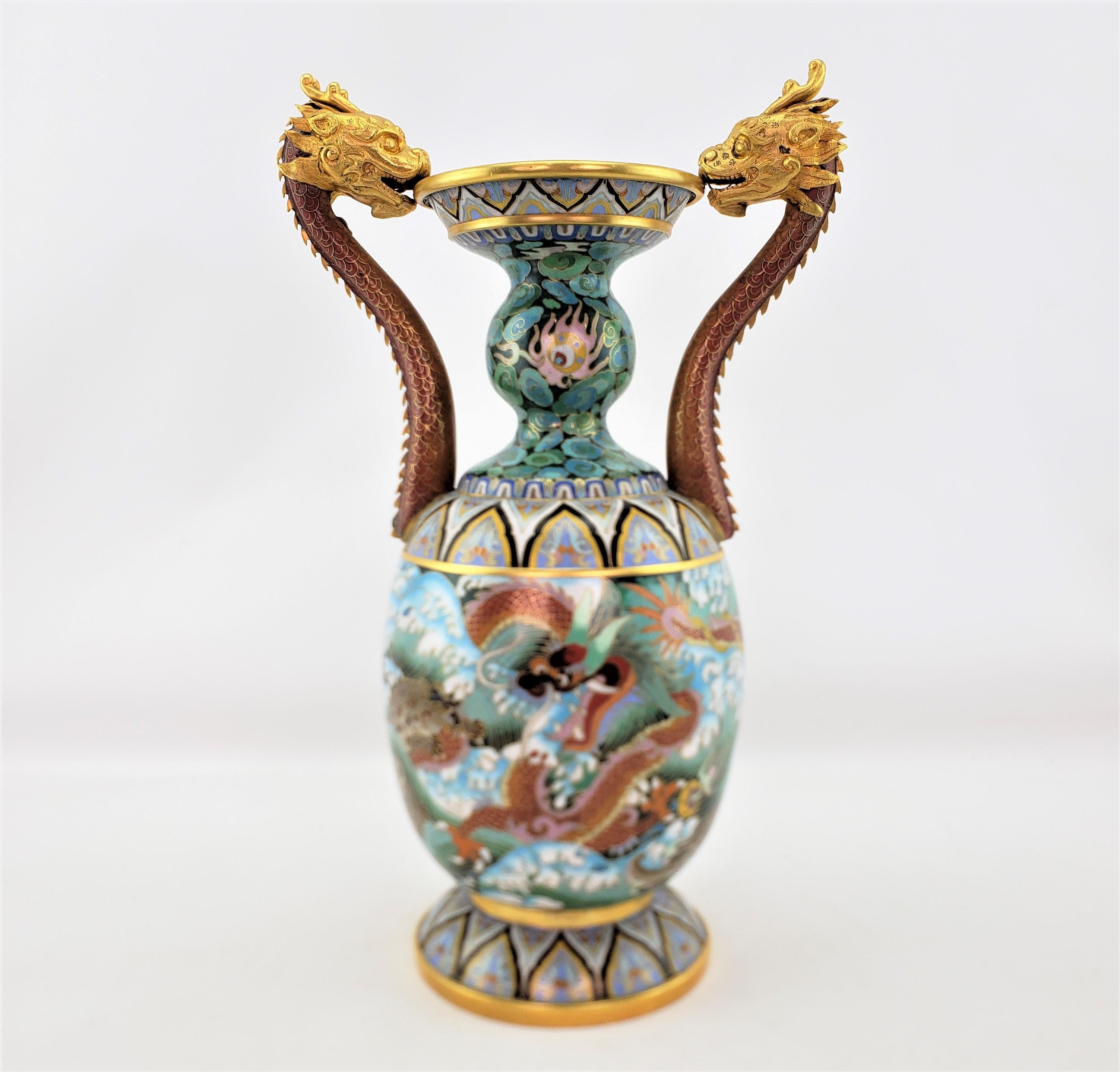 Brass Large Vintage Decorative Chinese Cloissone Vase with Imperial Dragon Handles For Sale