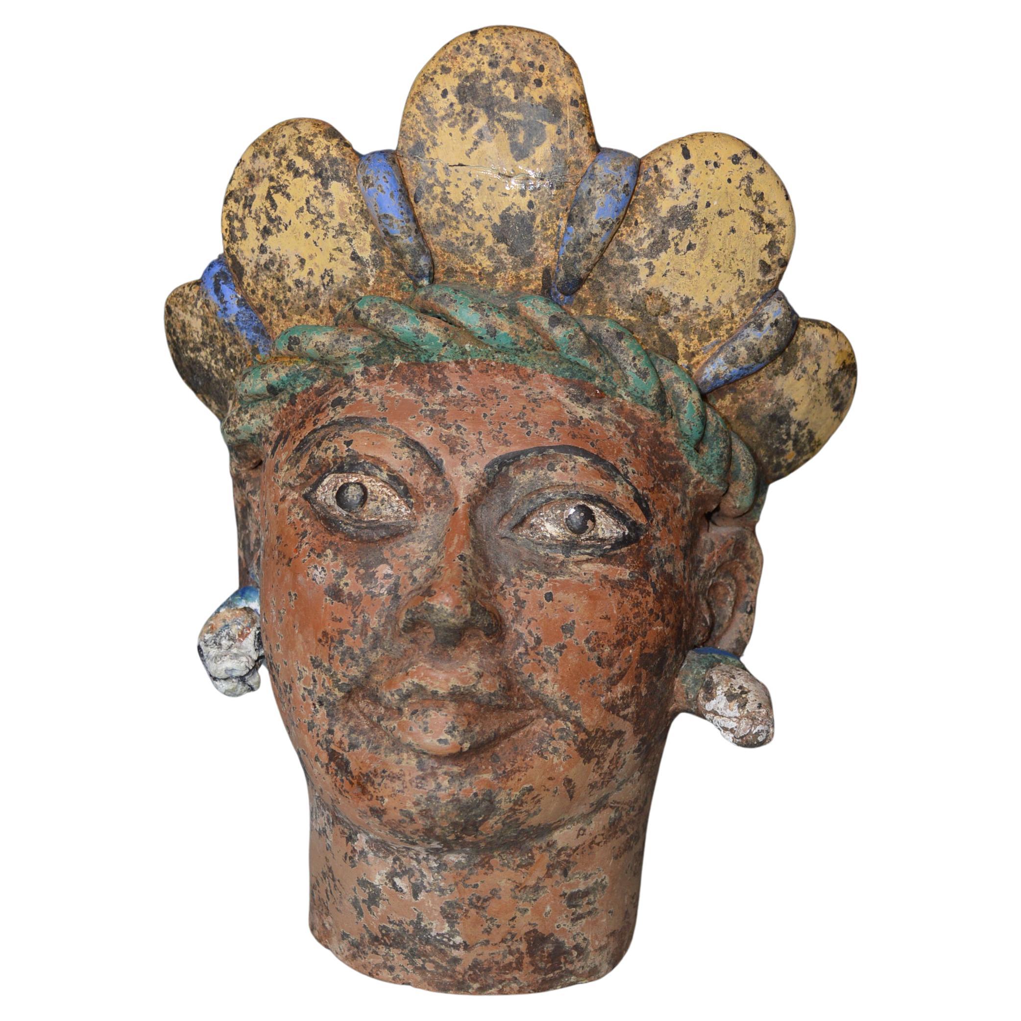 Large Vintage decorative Mexican terracotta bust Montezuma  For Sale
