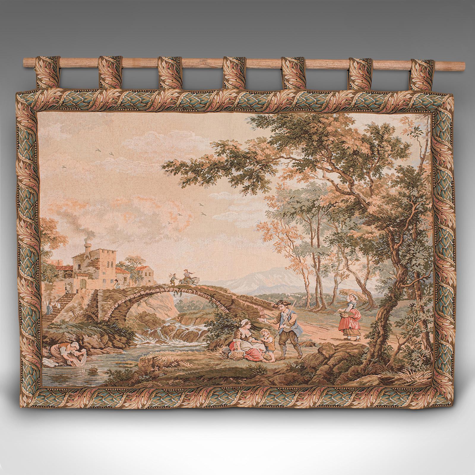 This is a large vintage decorative panel. A Continental, needlepoint tapestry, dating to the late 20th century, circa 1980.

Wonderfully Italianate scene depicting an idyllic European bridge
Displays a desirable aged patina and in good