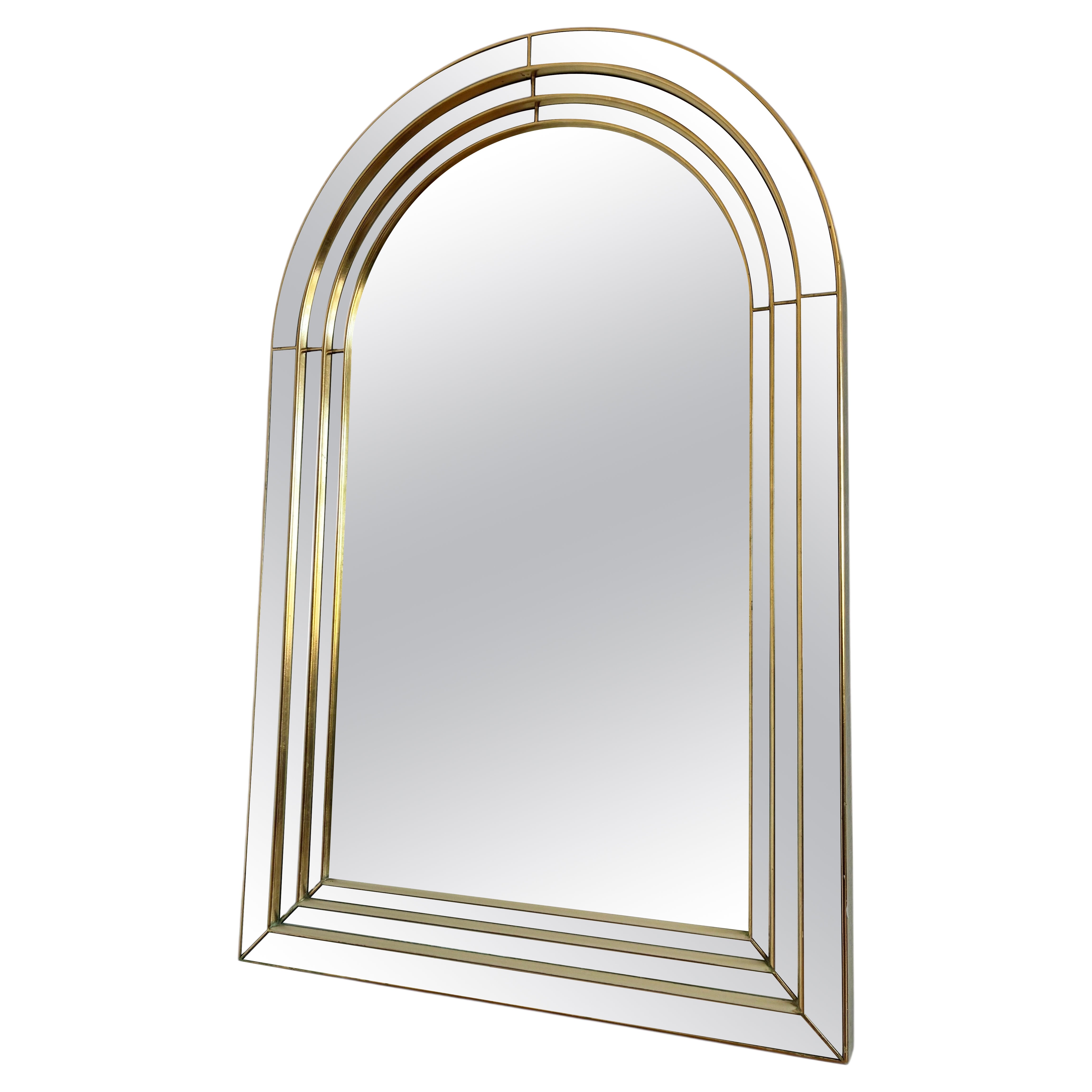 Large Vintage Deknudt Arched Beveled Panel Mirror – Gold, Belgium, 1980s