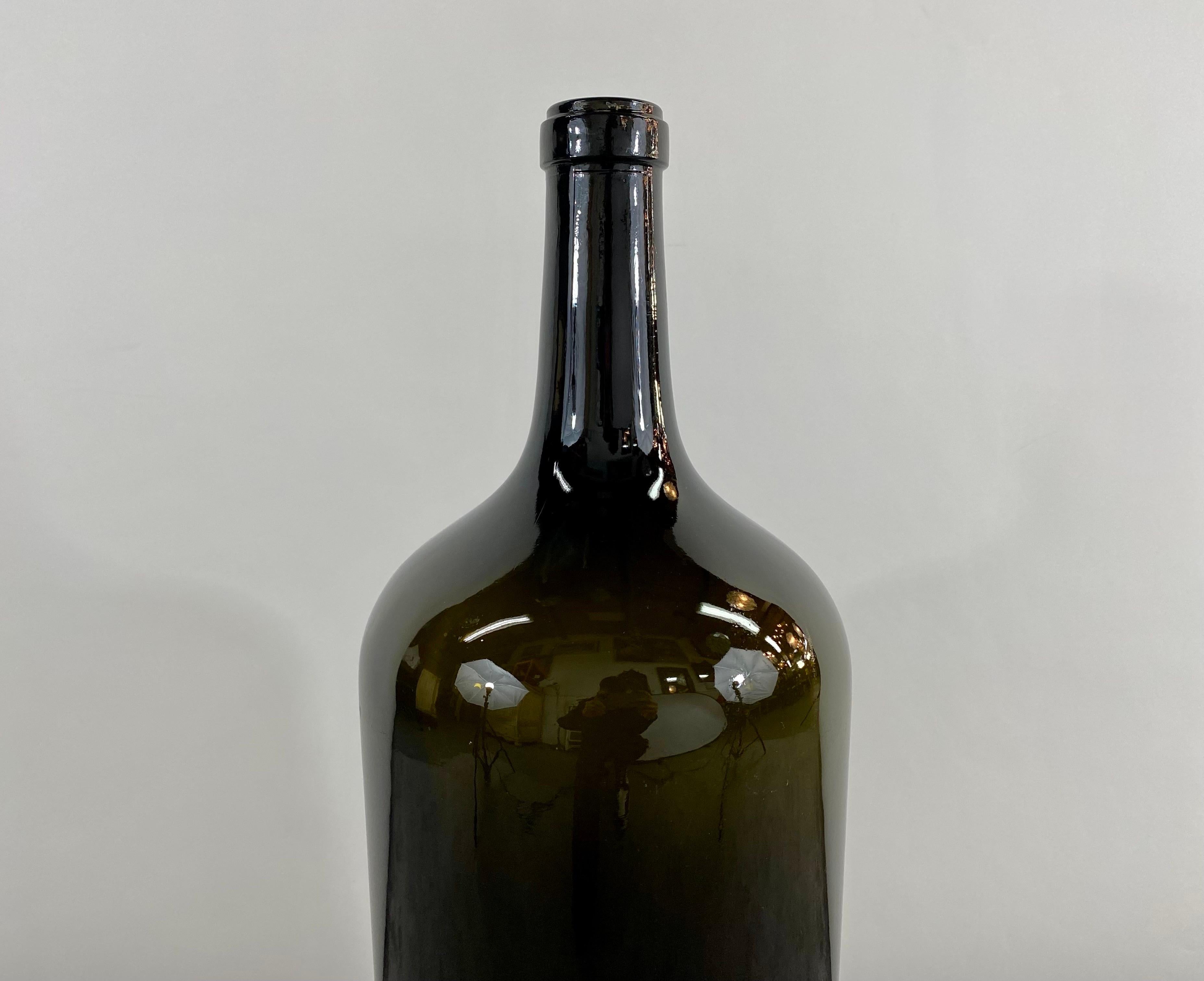 Modern Large Vintage Demijohn Style Dark Green Blown Glass Wine Bottle, a Pair  For Sale