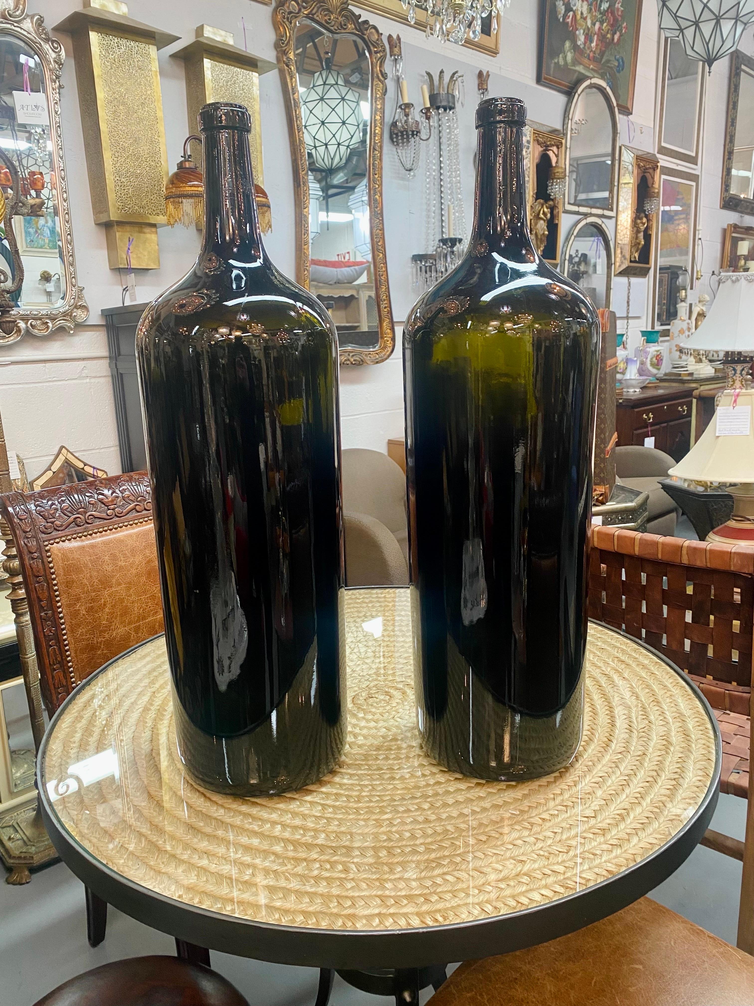 Large Vintage Demijohn Style Dark Green Blown Glass Wine Bottle, a Pair  For Sale 3
