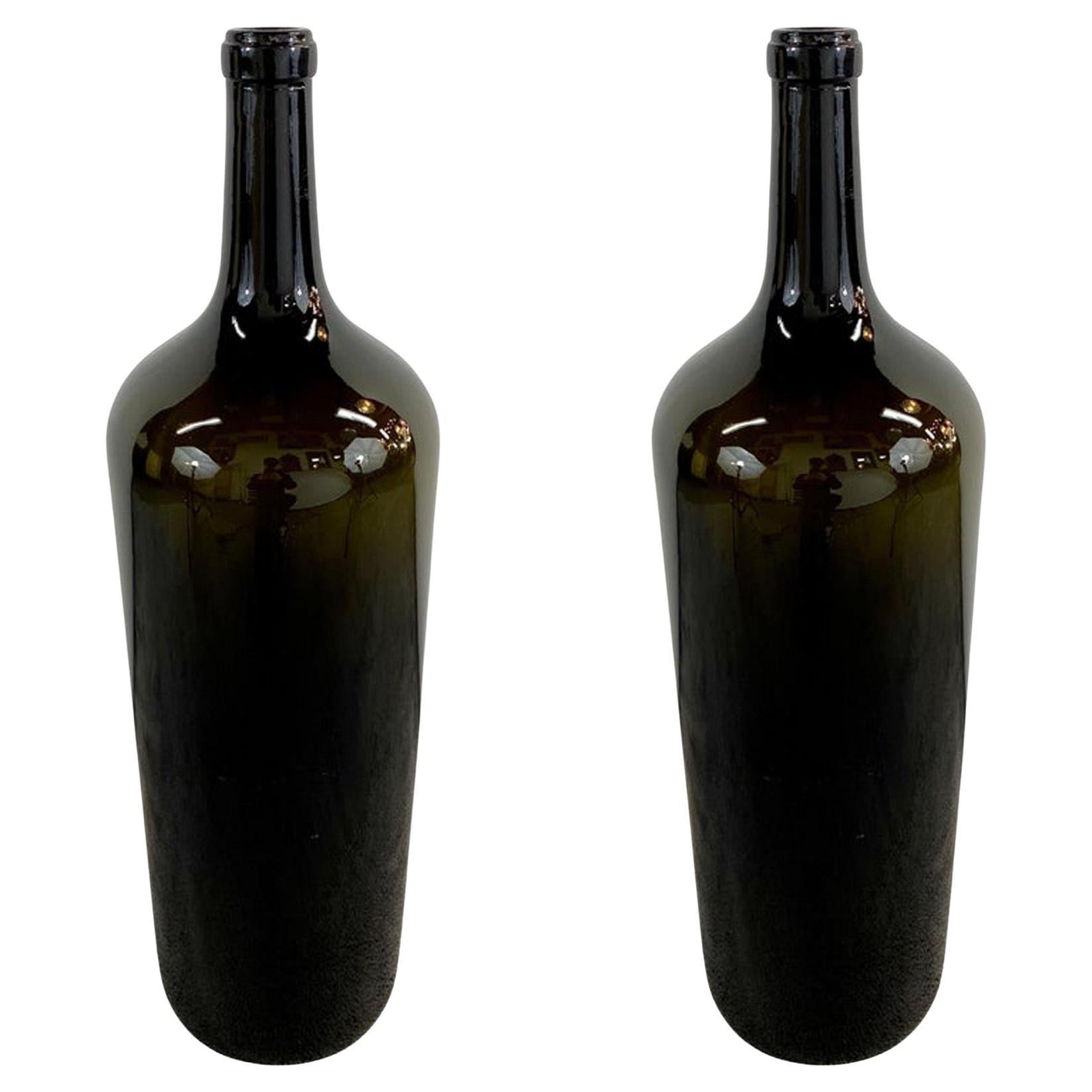 Large Vintage Demijohn Style Dark Green Blown Glass Wine Bottle, a Pair  For Sale