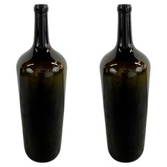 Large Used Demijohn Style Dark Green Blown Glass Wine Bottle, a Pair 