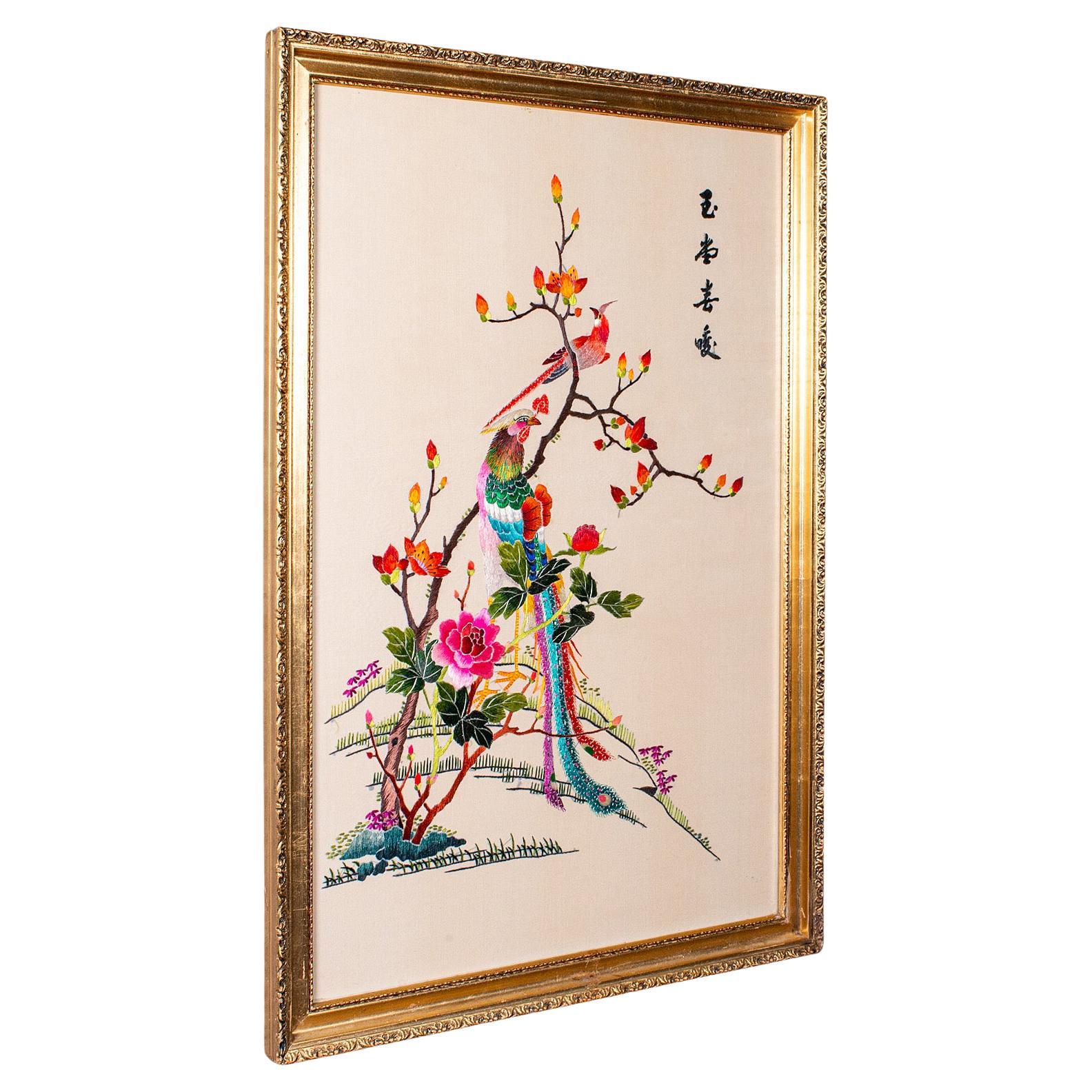 Large Vintage Display Panel, Korean Framed Silk Embroidery, Decorative, Art Deco