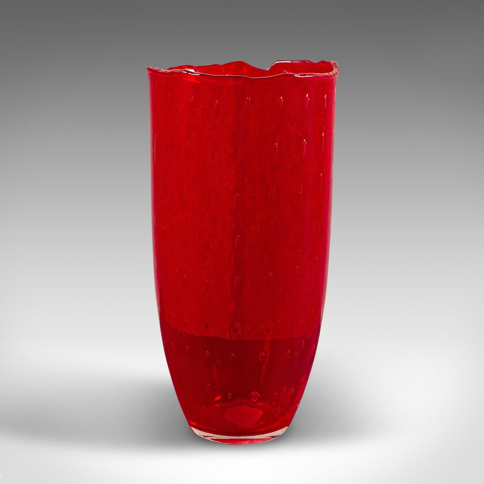 
This is a large vintage display vase. An Italian, art glass flower pot, dating to the late 20th century, circa 1970.

Fascinating late 20th century vase with strong visual appeal
Displays a desirable aged patina and in good original order
Rich red