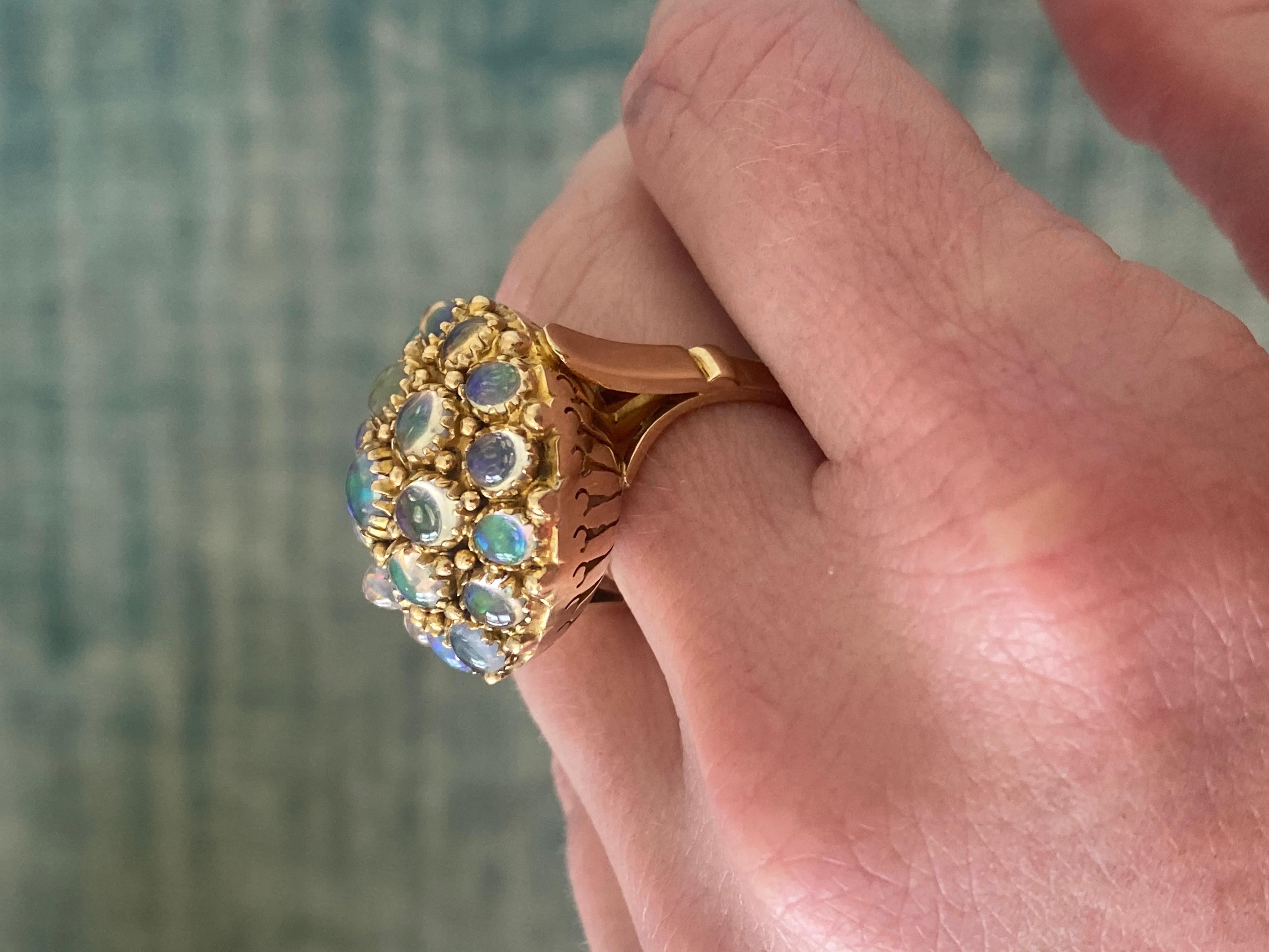 Baroque Large Vintage, Domed 14K Yellow Gold Multi-Opal Round Cocktail Statement Ring