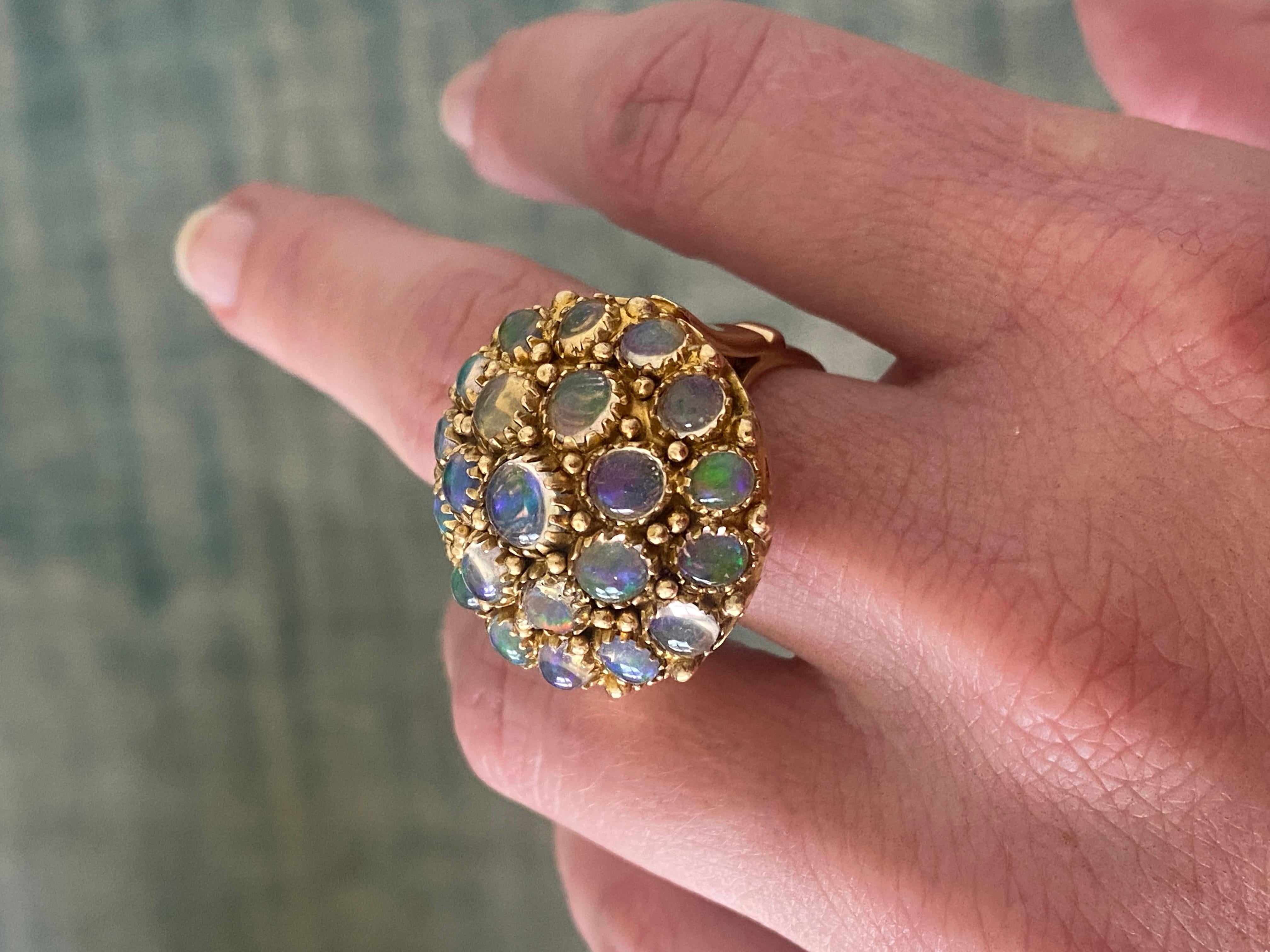 Women's Large Vintage, Domed 14K Yellow Gold Multi-Opal Round Cocktail Statement Ring