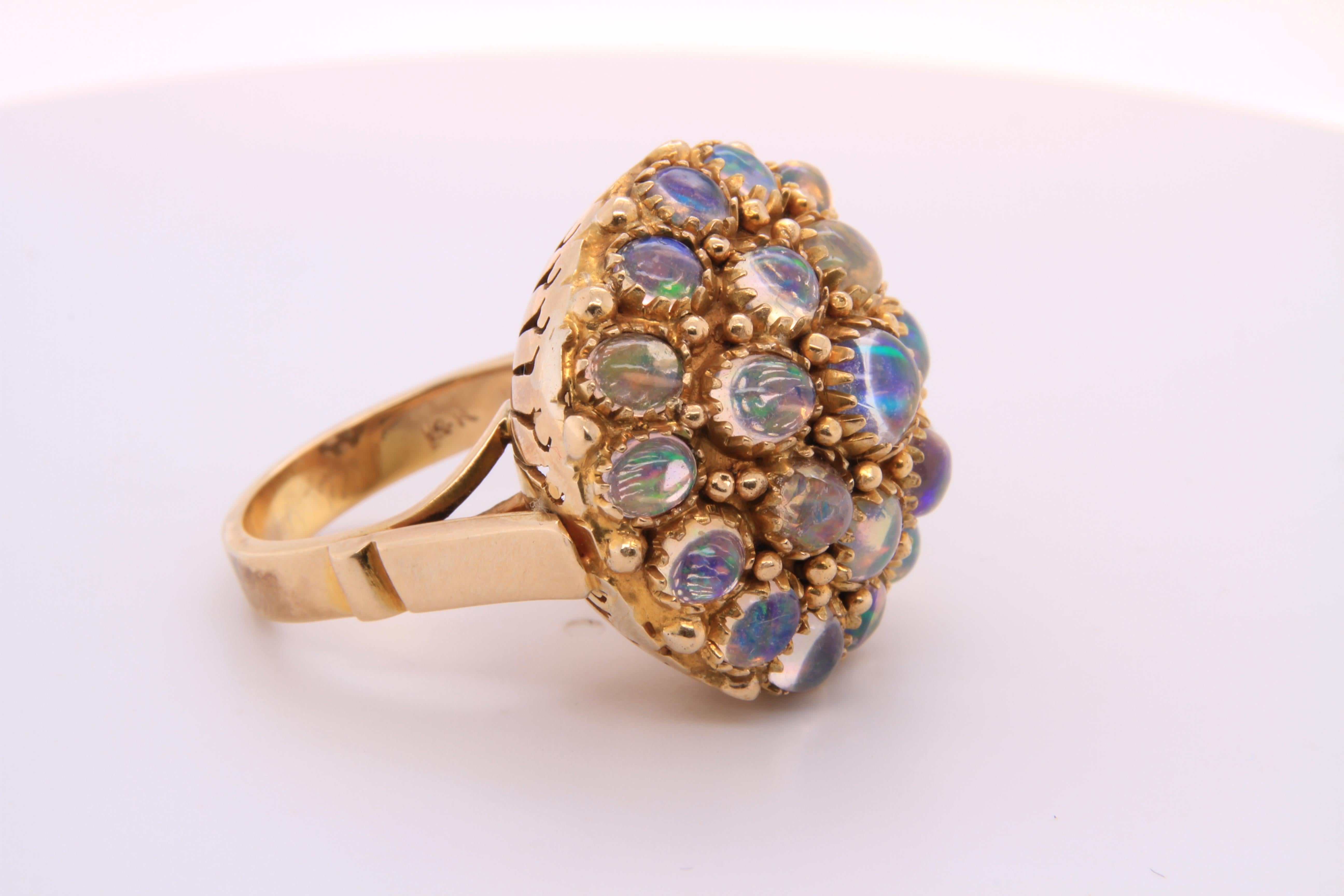 Large Vintage, Domed 14K Yellow Gold Multi-Opal Round Cocktail Statement Ring 2