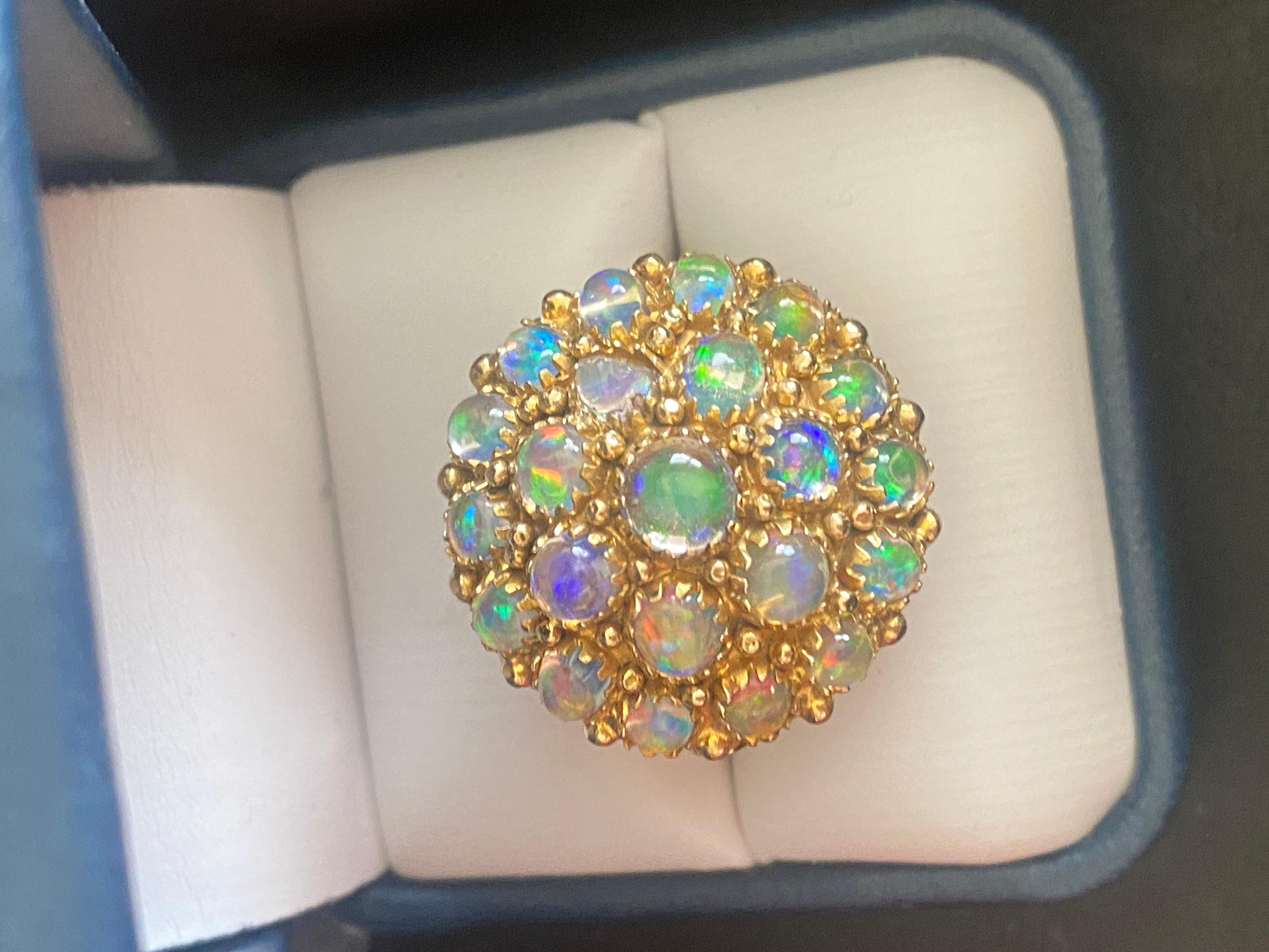 Round Cut Large Vintage, Domed 14K Yellow Gold Multi-Opal Round Cocktail Statement Ring