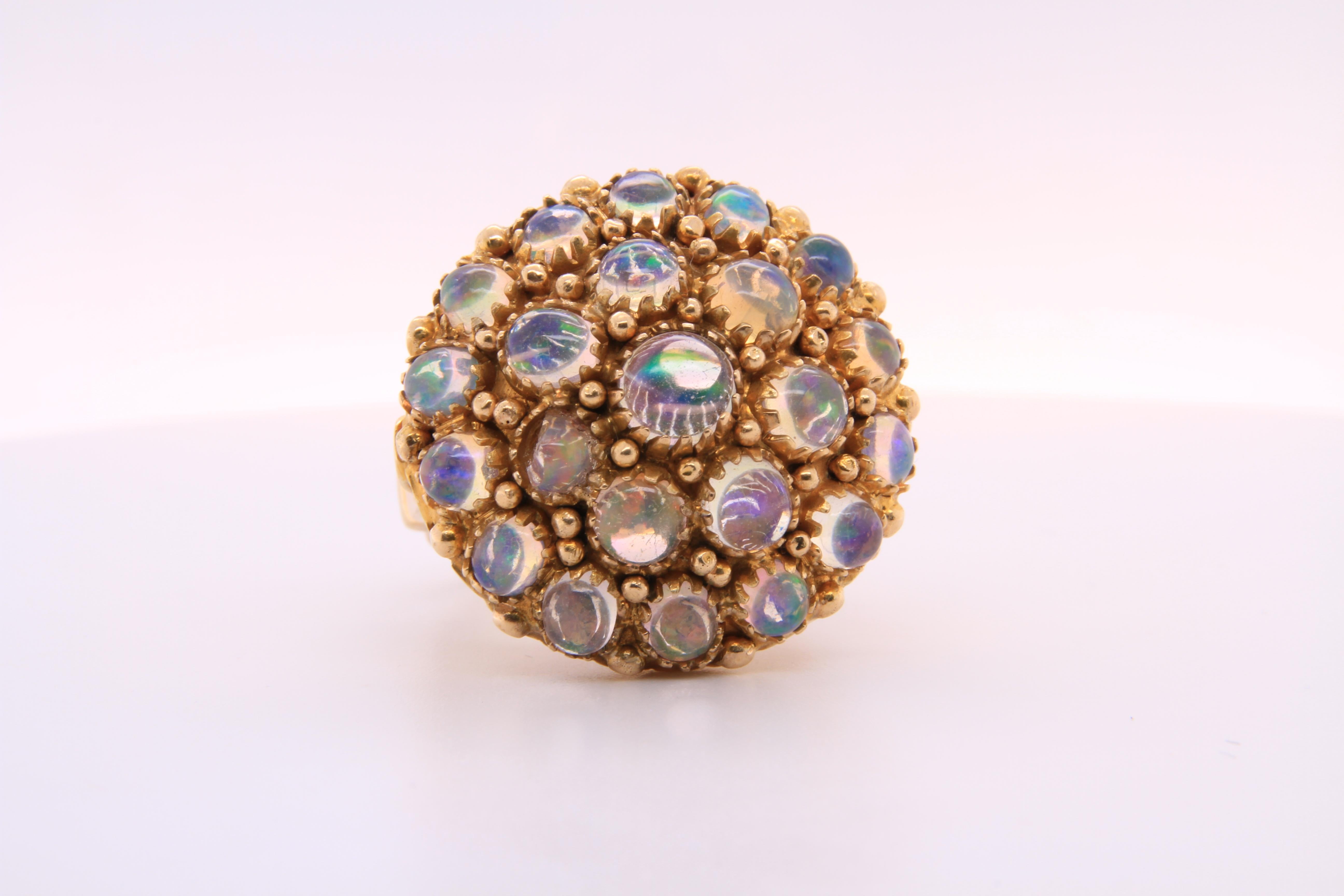 Large Vintage, Domed 14K Yellow Gold Multi-Opal Round Cocktail Statement Ring 8