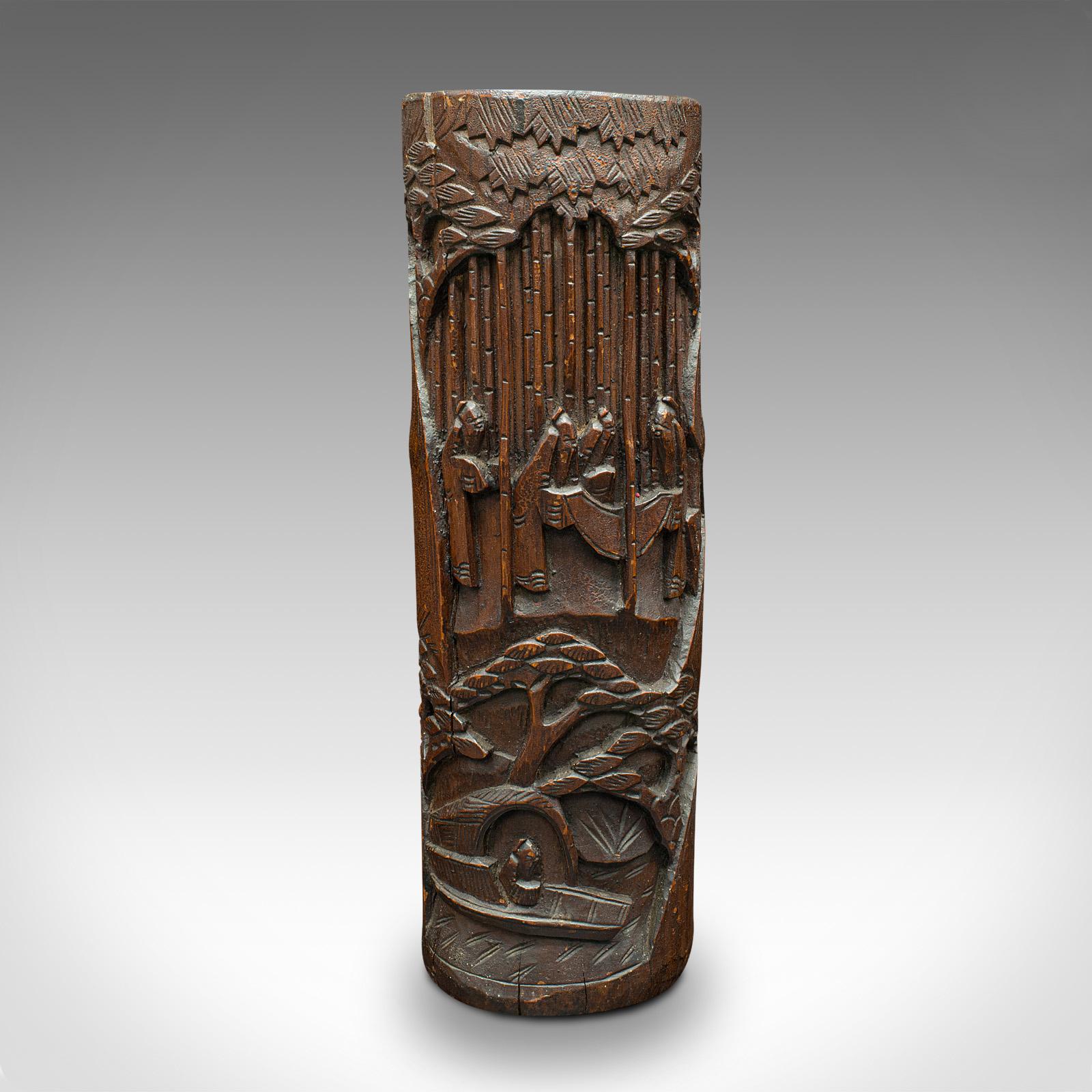 This is a large vintage dry flower vase. A Chinese, hand-carved bamboo brush pot or bitong, dating to the late Art Deco period, circa 1940.

Distinctive carved vase or brush pot, traditionally known as a bitong
Displaying a desirable aged patina,