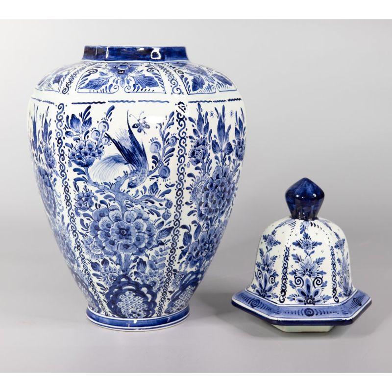 20th Century Large Vintage Dutch Delft Faience Chinoiserie Lidded Bird Vase